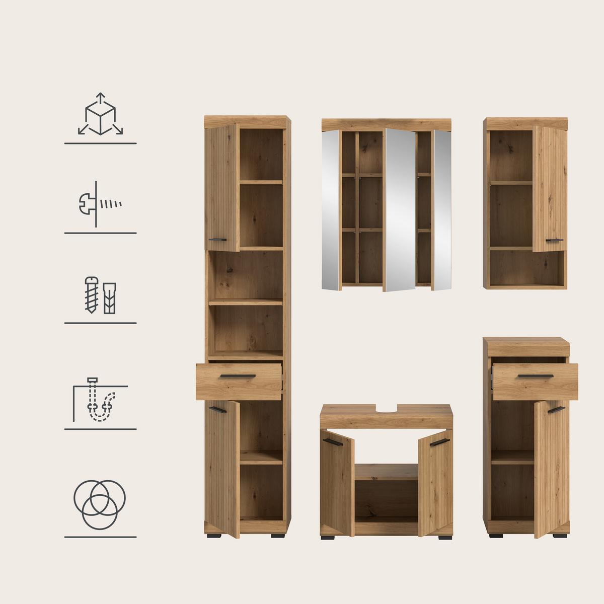 Badezimmer Scout Eiche Artisan Dekor B: 134cm - Schwarz/Eiche Artisan, Trend, Glas/Holzwerkstoff (134cm) - MID.YOU