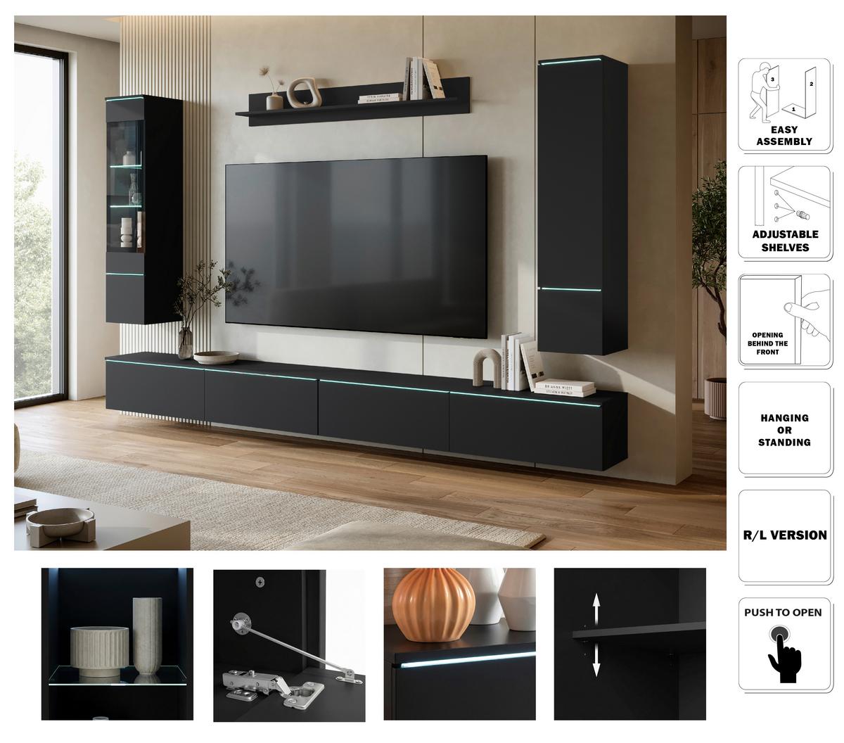 Wohnwand Vera Xxl Schwarz Matt B: 300cm - Schwarz/Grau, Basics, Glas/Holzwerkstoff (300/162/33cm) - P & B