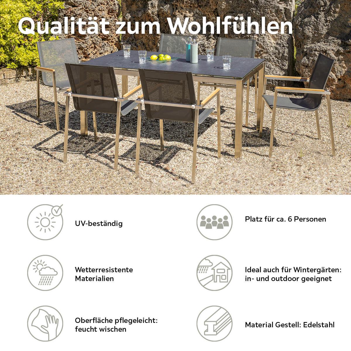 Gartengarnitur 7-Teilig Sydney Edelstahl/Holz/Glaskeramik - Silberfarben/Grau, Basics, Glas/Holz (160/74/90cm) - Gardenson