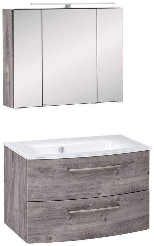 Badmöbel-Set 3-Tlg. inkl. LED Stockholm 80cm Eiche Dekor - Eichefarben/Weiß, KONVENTIONELL, Glas/Holzwerkstoff (80cm) - Held