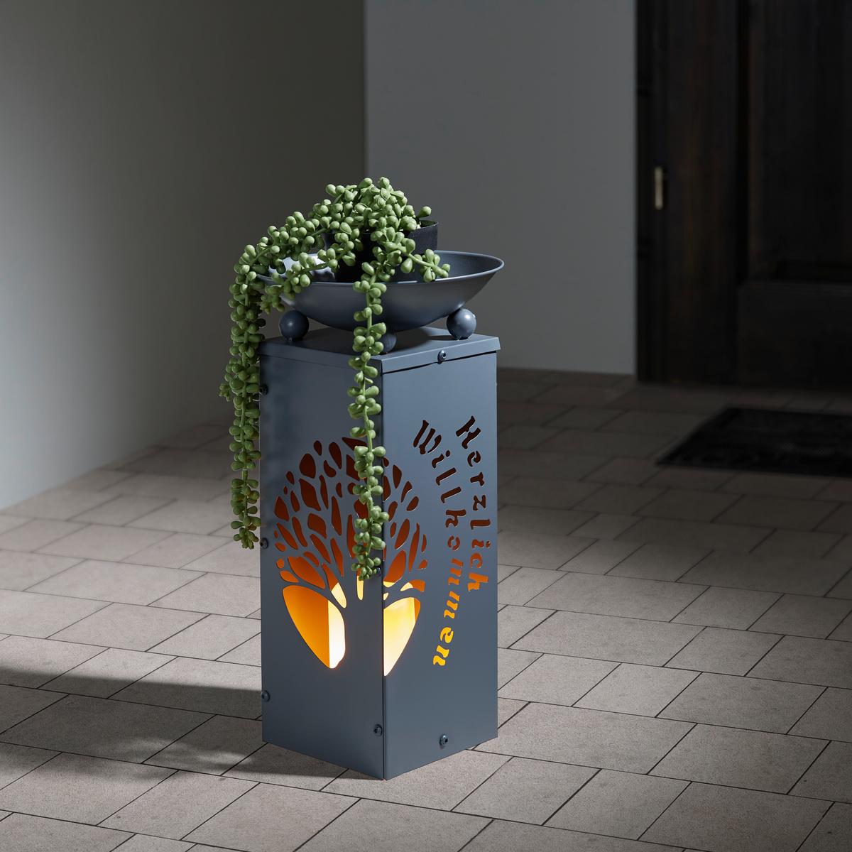 Dekosäule mit Schale Welcome H: 39 cm - Grau, Basics, Metall (21/21/39cm)