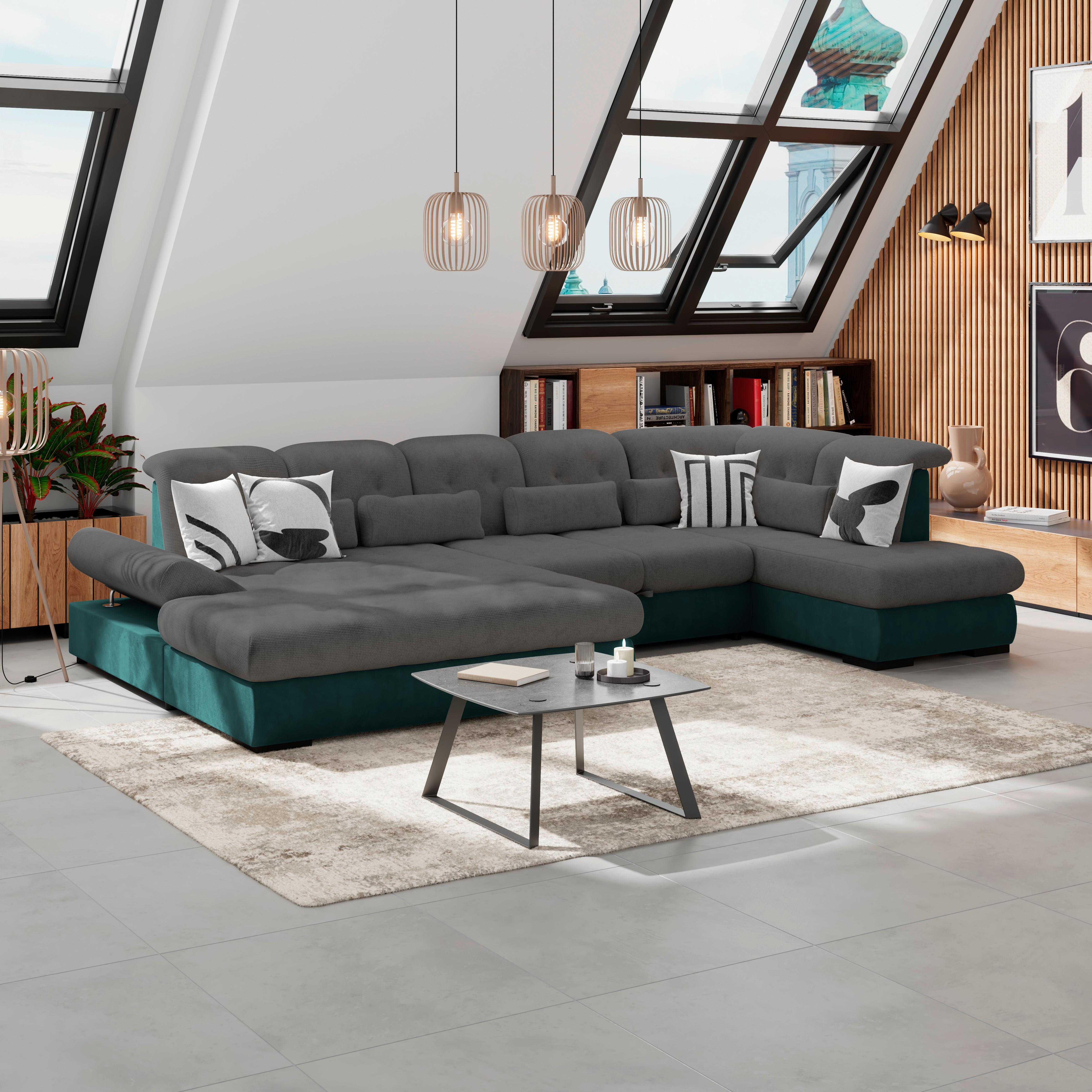 Wohnlandschaft Madera Anthrazit S: 358x212 Cm - Türkis/Anthrazit, KONVENTIONELL, Kunststoff/Textil (190/358/212cm)