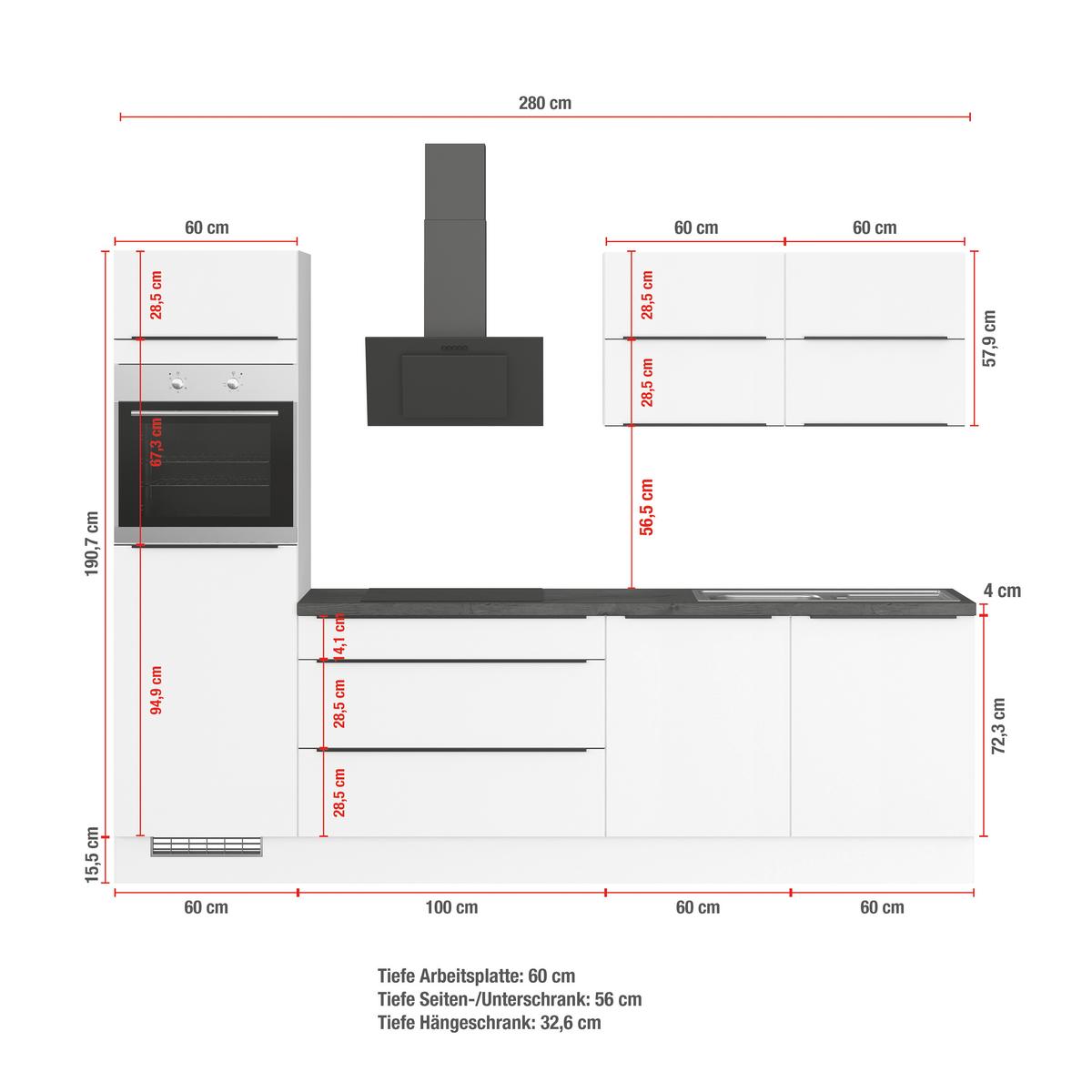 Küchenleerblock Ip3150 - Eiche dunkel/Weiß, Design, Holzwerkstoff (280cm) - Impuls