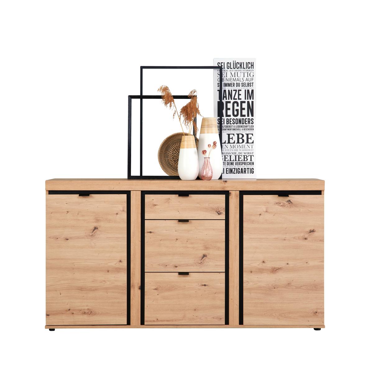 Sideboard Mit Soft-close B: 167,3 Cm Nyon, Eiche Dekor - Eichefarben/Schwarz, MODERN, Holzwerkstoff (167,3/90,9/40,5cm)