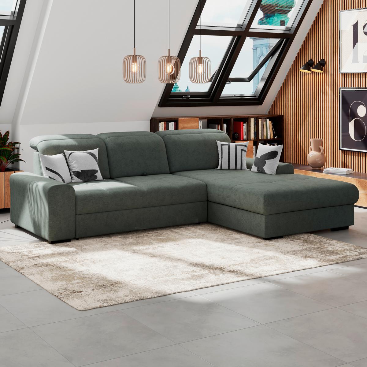 Ecksofa mit Bettfunktion Malaga new Chenille grün - Schwarz/Grün, KONVENTIONELL, Textil (286/203cm) - Ondega