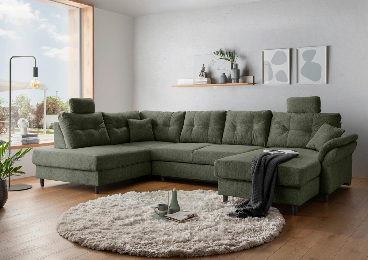 Wohnlandschaft Brizzini Dunkelgrün U: 206x338x176 cm - Dunkelgrün/Schwarz, MODERN, Textil (206/338/176cm) - Livetastic