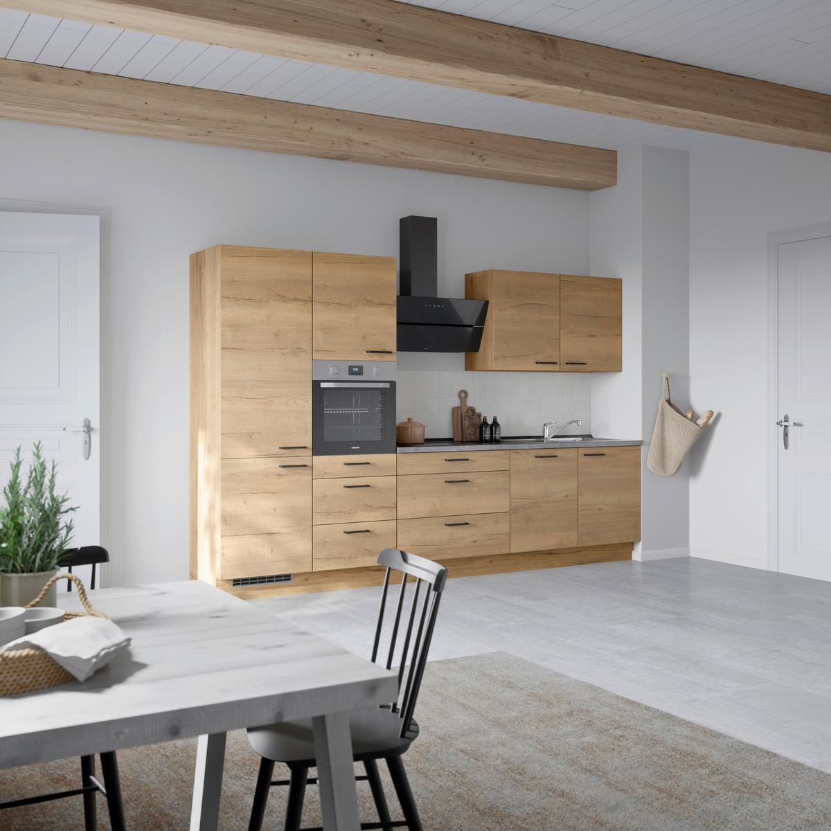 Kuchynská linka 330 cm, dub Sierra - čierna/farba duba, Modern, kov/kompozitné drevo (330cm) - Nobilia