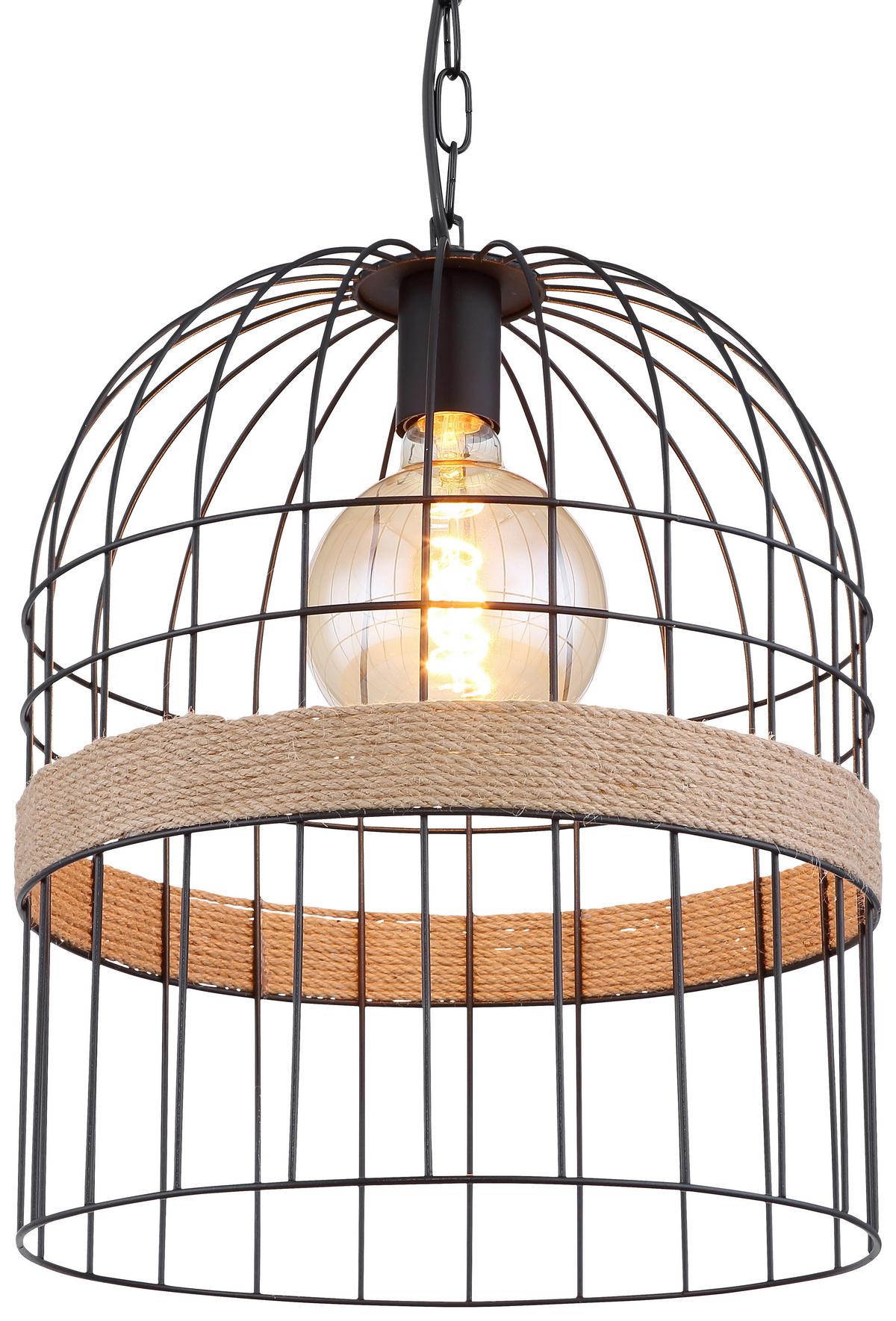 Hängeleuchte Halia H: 140 Cm 1-Flammig, Metallkäfig - Schwarz/Braun, Natur, Naturmaterialien/Metall (35/140cm) - Globo