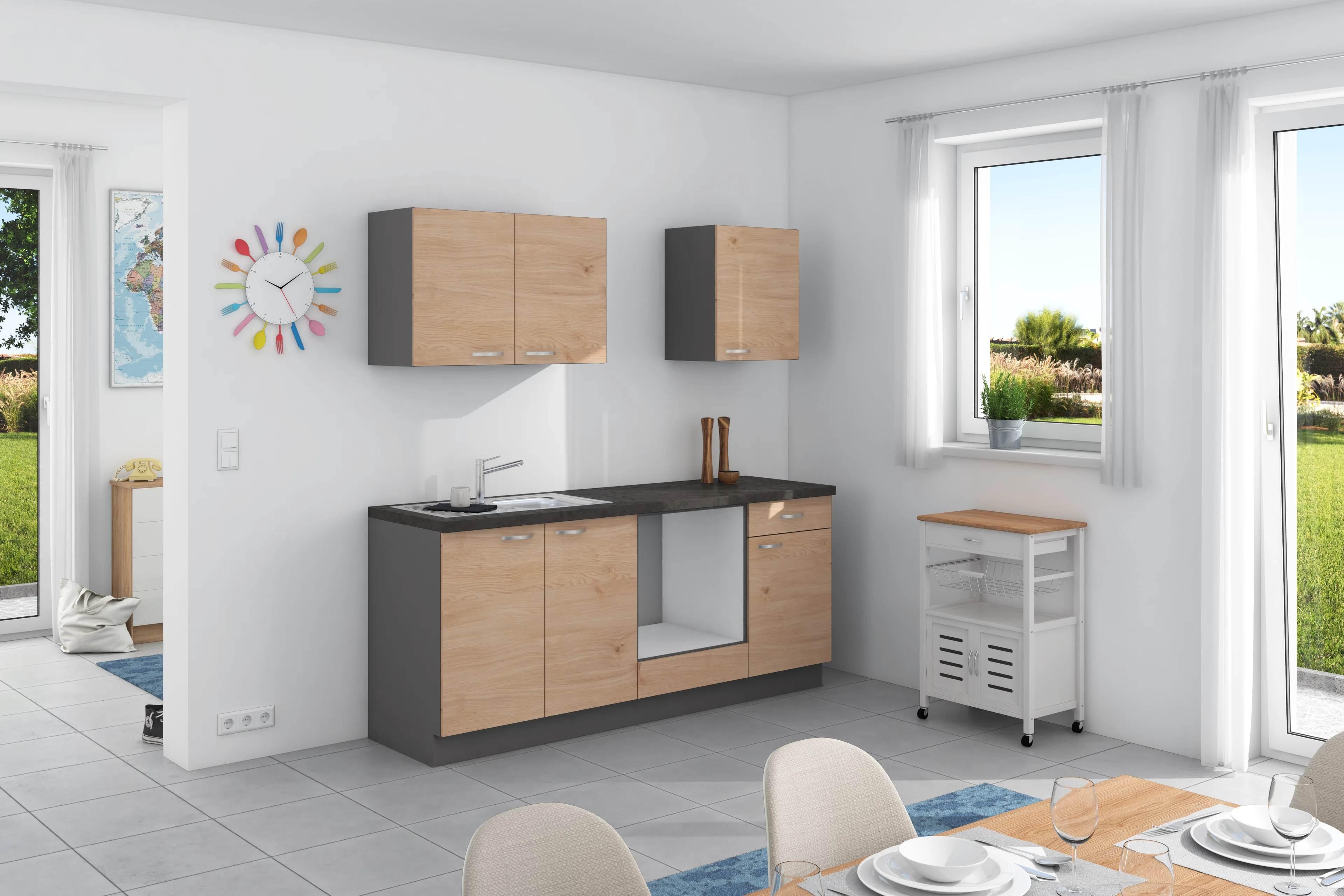 Küchenzeile Plan ohne Geräte ohne Geräte B: 200 cm - Wildeiche/Anthrazit, Design, Holzwerkstoff (200cm) - Express