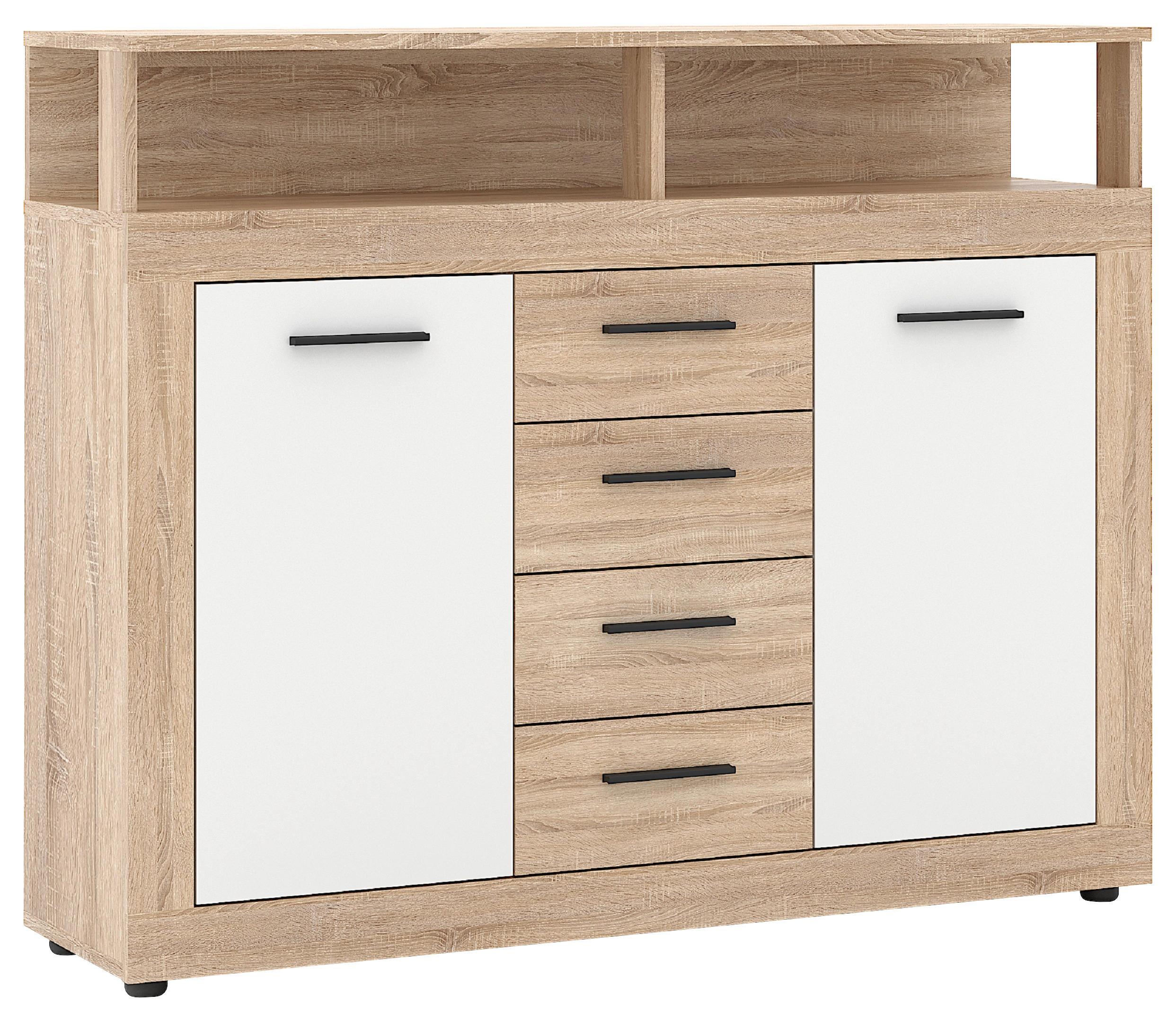 Kommode 119,5cm Luna Eiche/Weiss - Schwarz/Weiß, Design, Holzwerkstoff (119,5/96,8/32cm) - MID.YOU