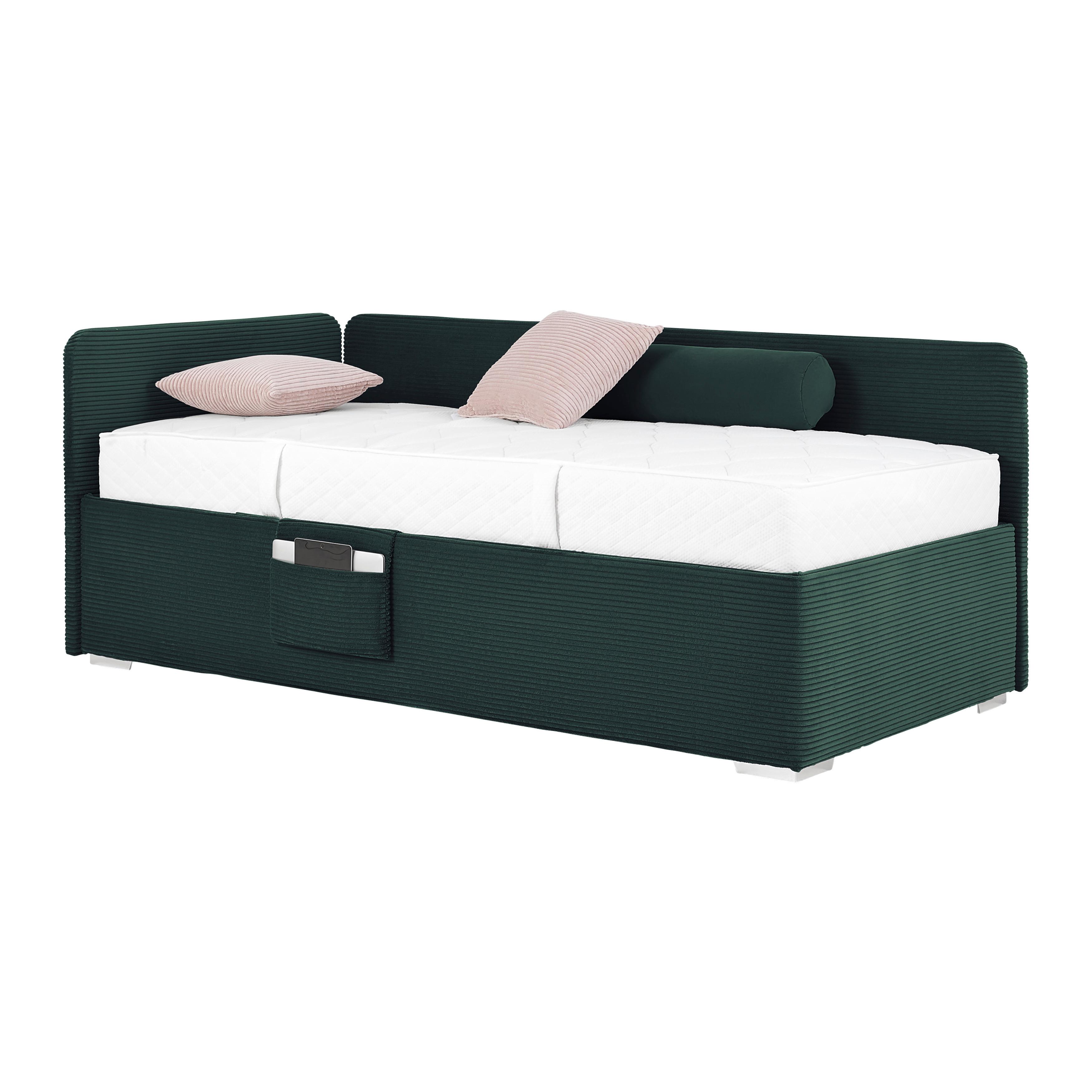 Postel Remi s bočnicemi 90x200, potah tmavě zelený - tmavě zelená/barvy chromu, Konvenční, dřevo/textil (90/200cm)