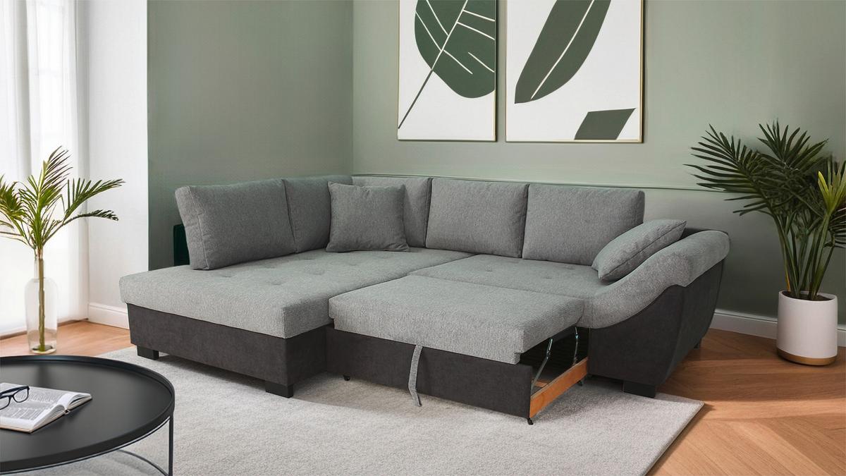 Rohová sedačka STELLA, levá, grafitová / šedá - šedá/černá, Design, kov/dřevo (193/247cm)
