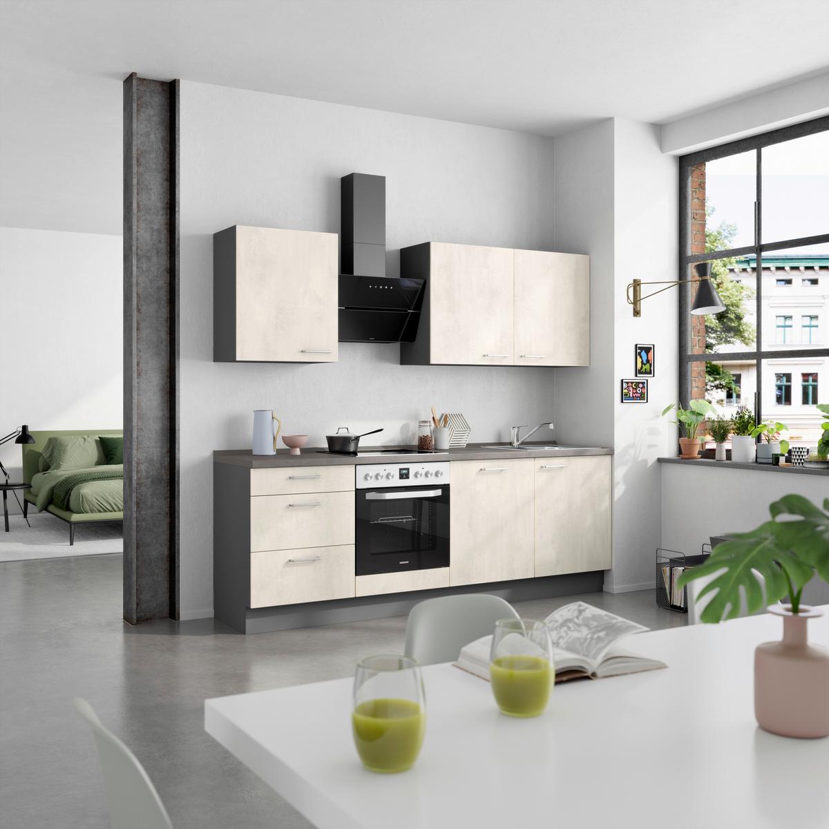 Kuchynská linka 240CM biely betón/ bridlicová šedá - biela/farba ušľachtilej ocele, Modern, kov/kompozitné drevo (240cm) - Nobilia