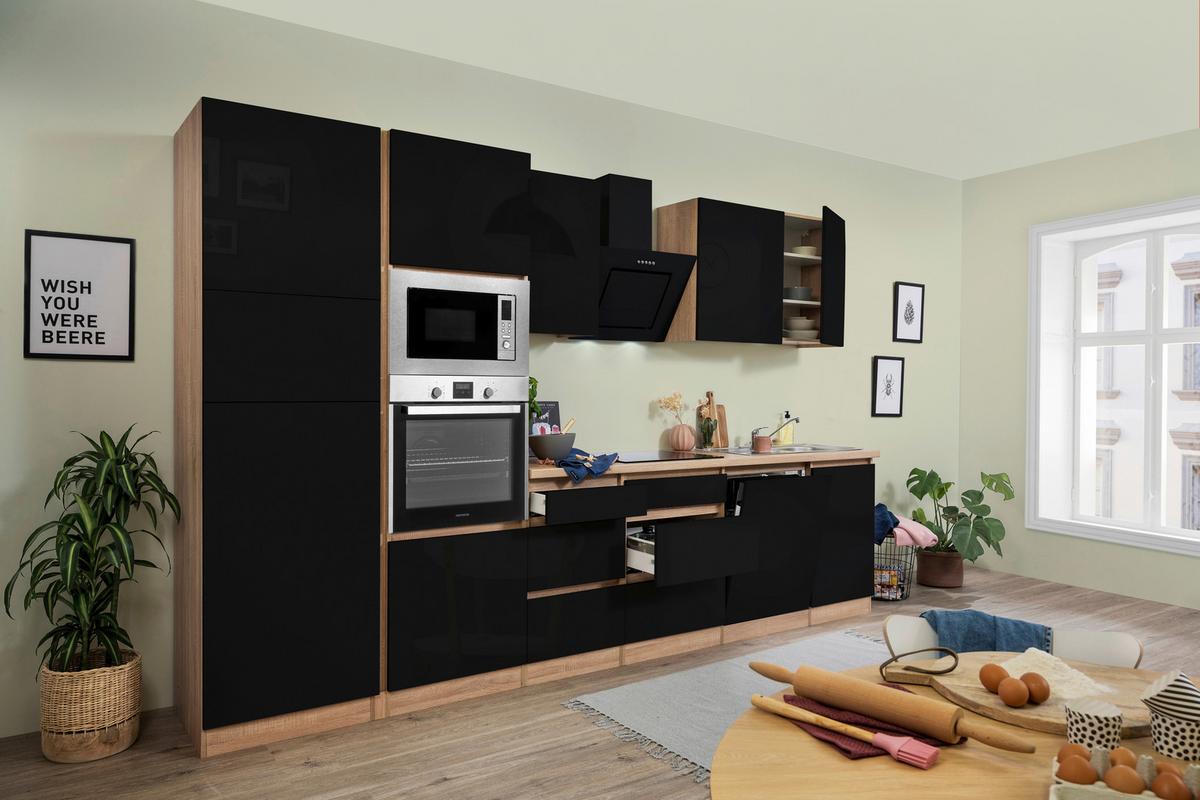 Küchenblock Lorena Küchenblock 345 cm - Schwarz Hochglanz/Eichefarben, Basics, Holzwerkstoff (345cm) - Respekta