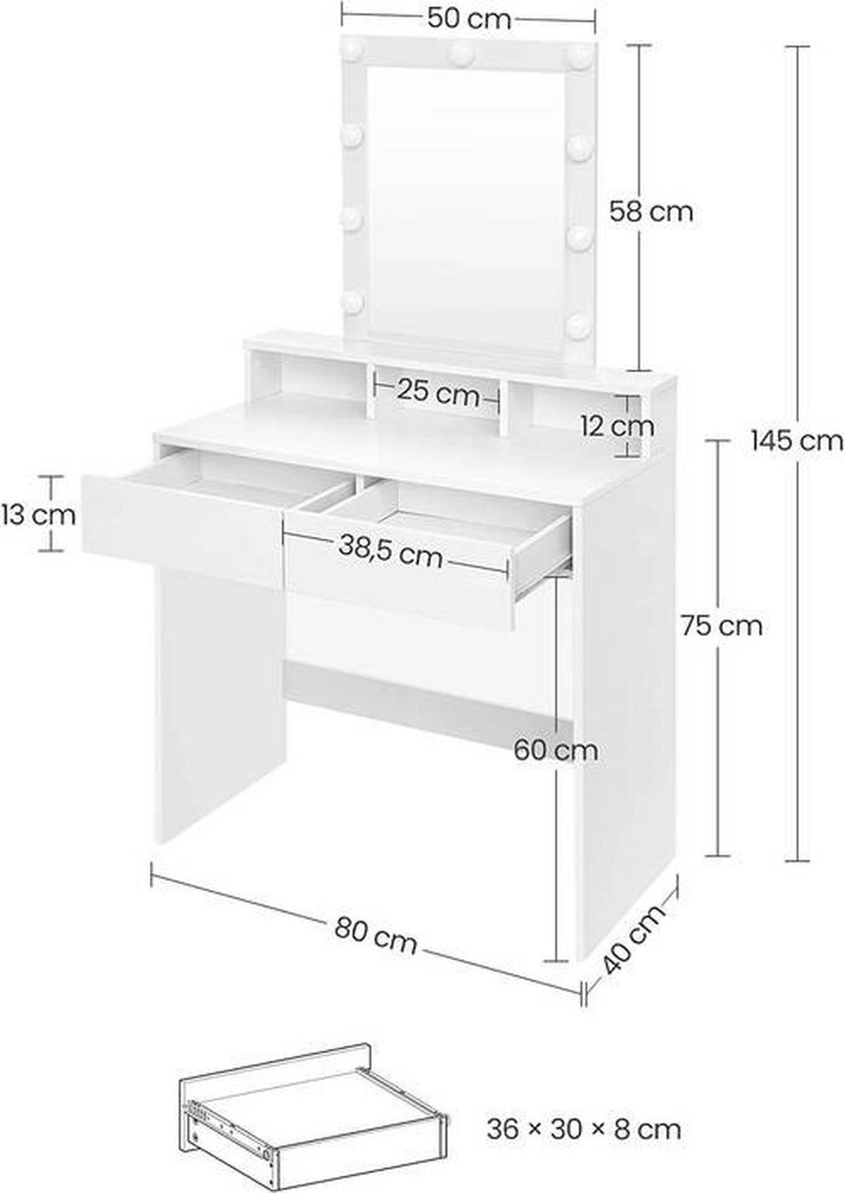 Schminktisch B: 80 cm Weiß - Weiß, Trend, Glas/Holzwerkstoff (80/40/145cm) - Boxxx