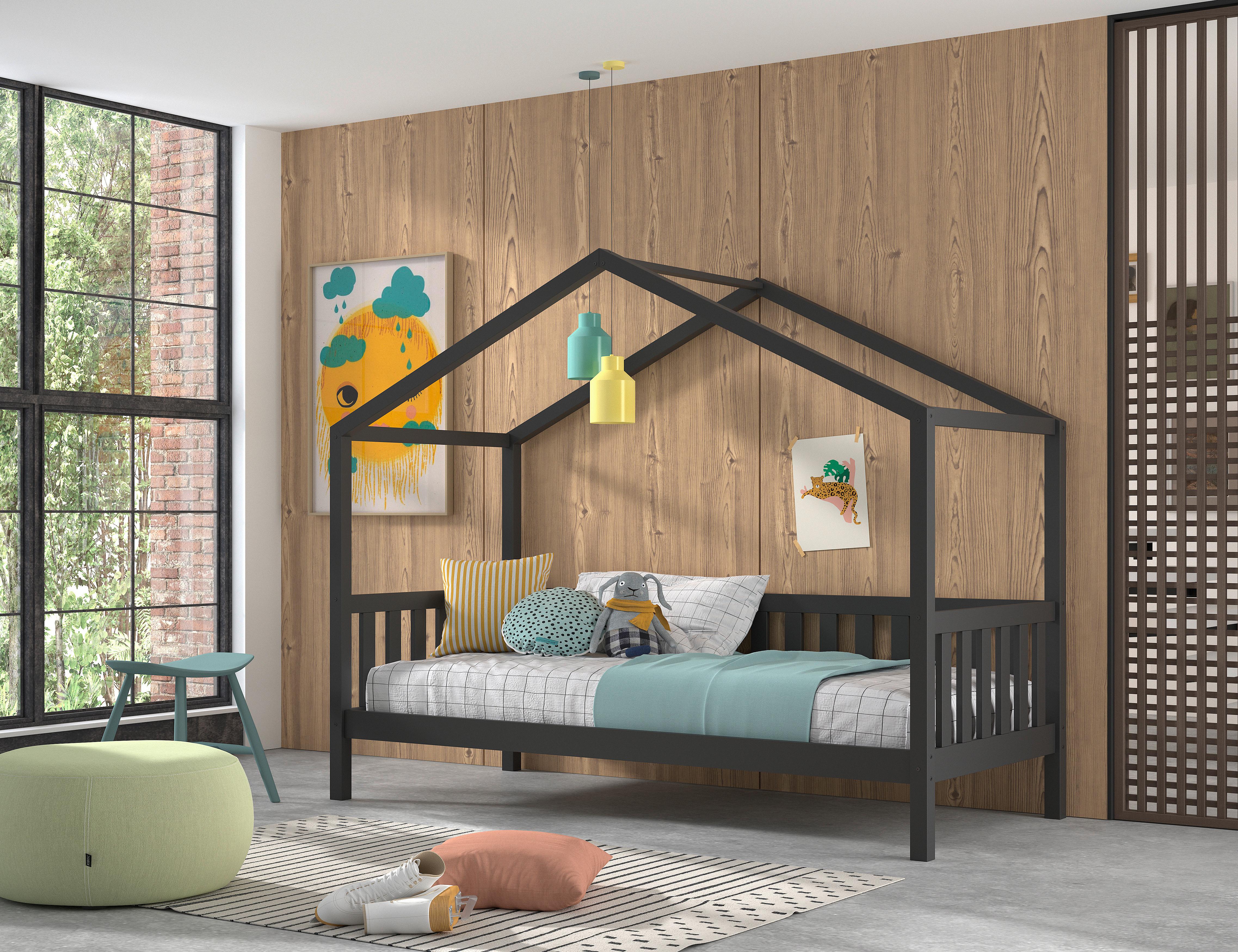 Hausbett Dallas 90x200 cm Kiefer Echtholz Anthrazit - Anthrazit/Naturfarben, ROMANTIK / LANDHAUS, Holz (90/200cm) - Vipack