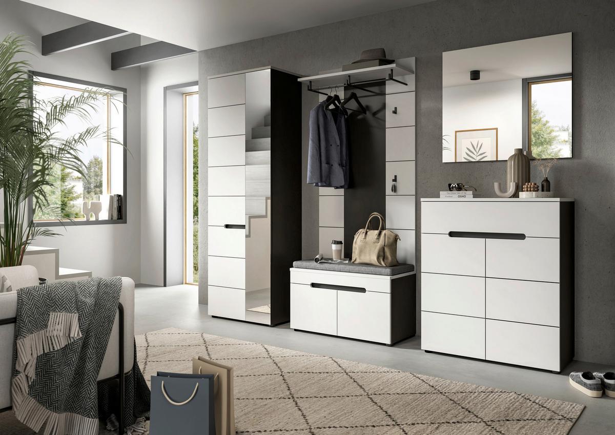 Garderobe Canu 6-Teilig Weiß/Basalt Grau B: 255 cm - Weiß, Design, Holzwerkstoff (255/190/37cm) - Livetastic