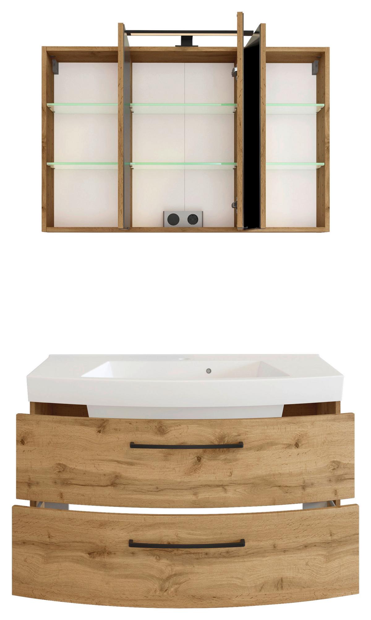 Badmöbel-Set Manchester B: 100 cm Eiche Wotan Dekor - Eichefarben/Weiß, MODERN, Keramik/Holzwerkstoff (100cm) - Held