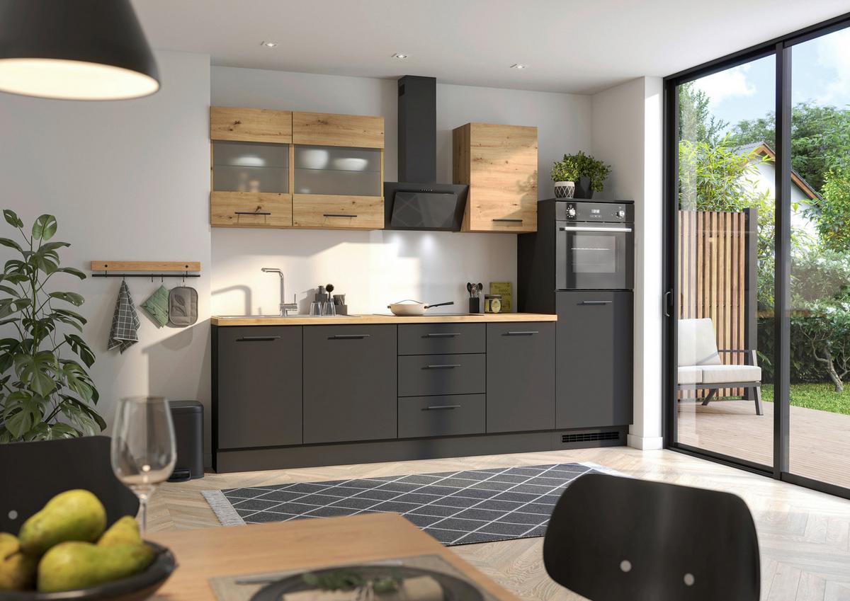 Küchenblock Capri Schwarz/Eiche Dekor B: 280 cm - Schwarz/Eiche Artisan, Basics, Glas/Holzwerkstoff (280cm) - MID.YOU