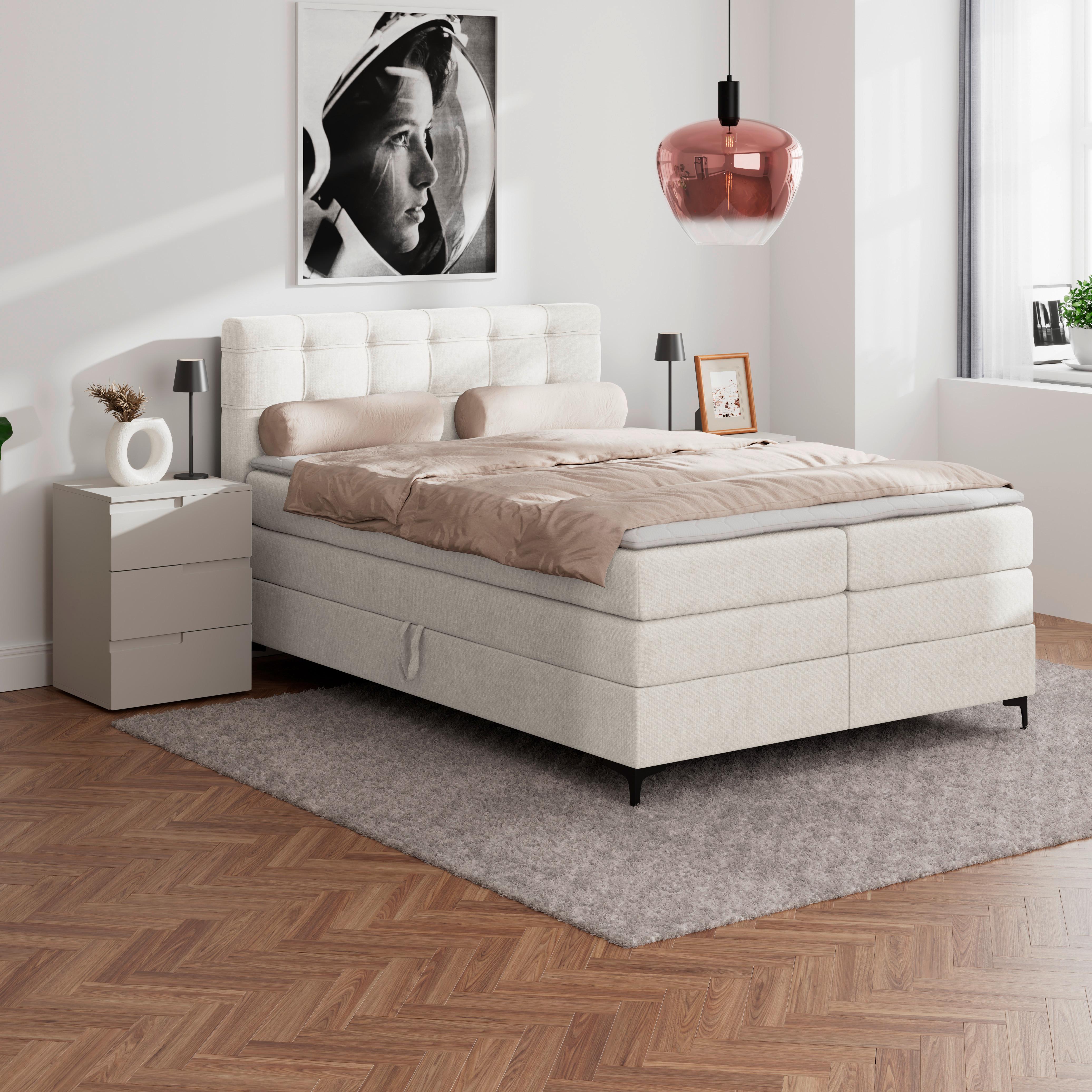 Boxspringbett MITTO Creme 140x200 cm - Creme/Schwarz, KONVENTIONELL, Textil/Metall (140/200cm)
