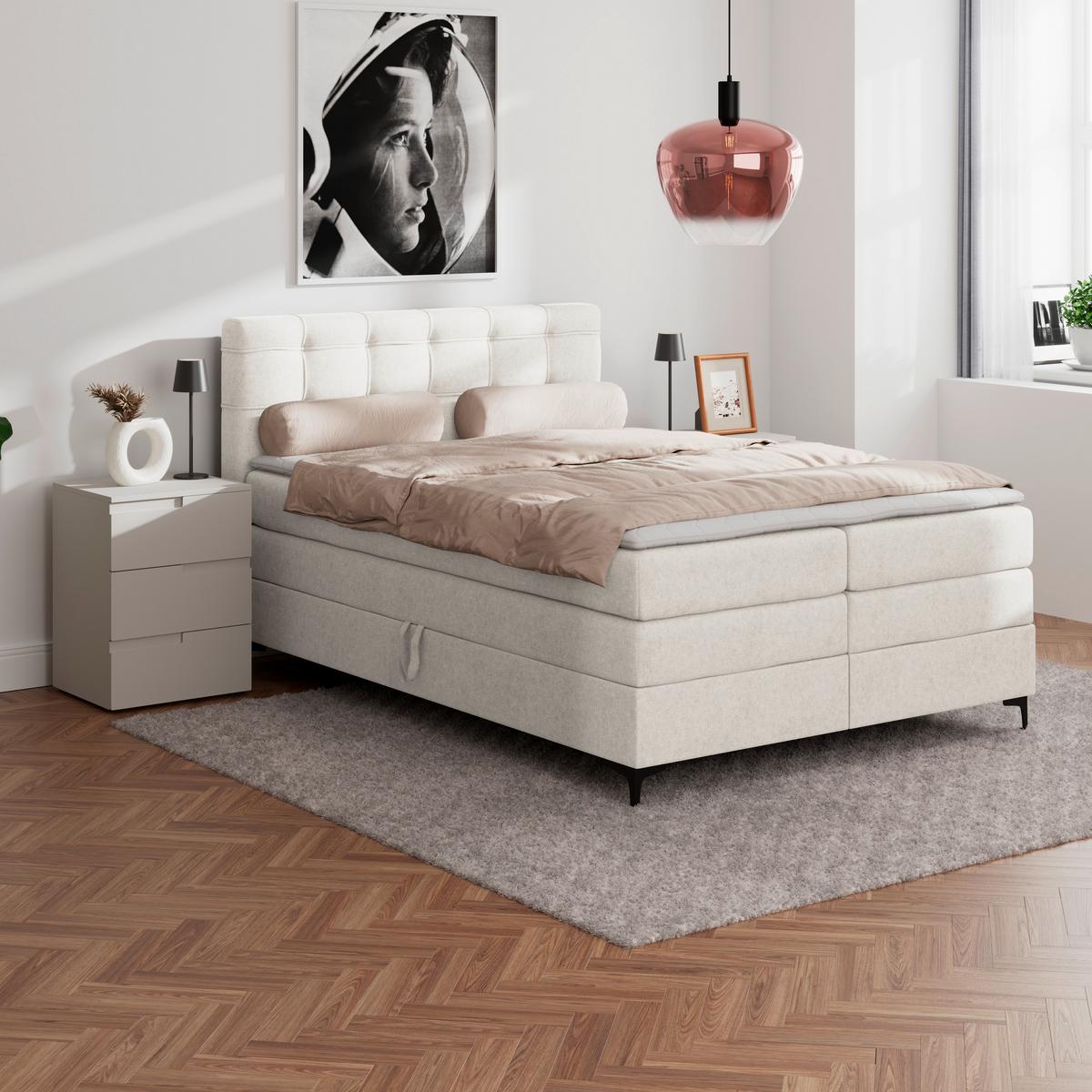 Boxspringbett MITTO Creme 140x200 cm - Creme/Schwarz, KONVENTIONELL, Textil/Metall (140/200cm)