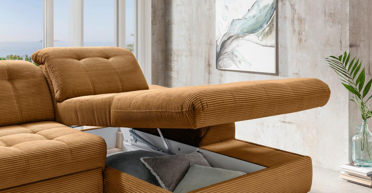 Eckschlafsofa Delphino Goldfarben S: 273x189 cm - Goldfarben/Schwarz, MODERN, Textil (273/189cm) - Livetastic