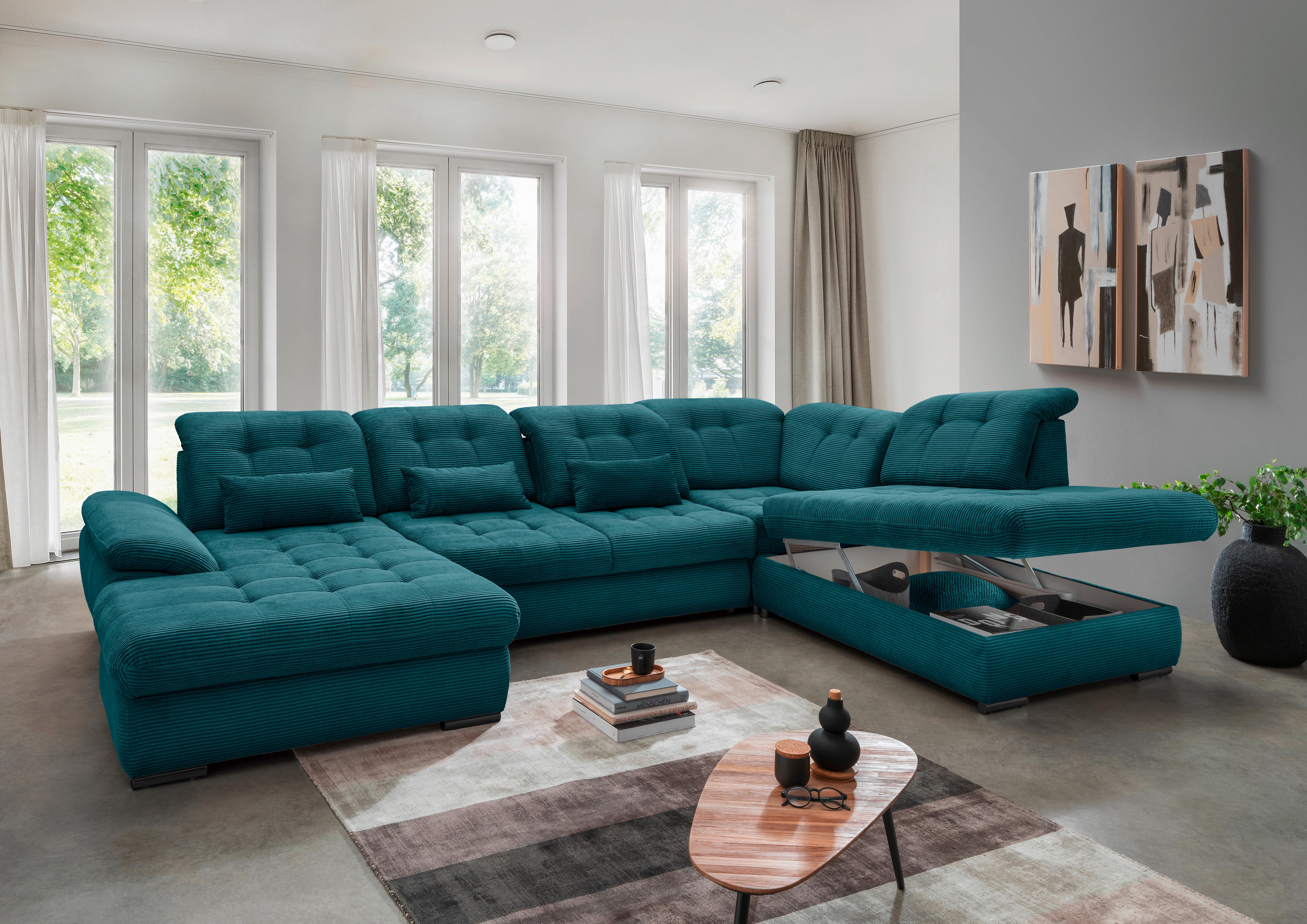 Wohnlandschaft mit Bettkasten Rigatti Petrol B: 387 cm - Petrol/Schwarz, MODERN, Textil (184/387/252cm) - Livetastic