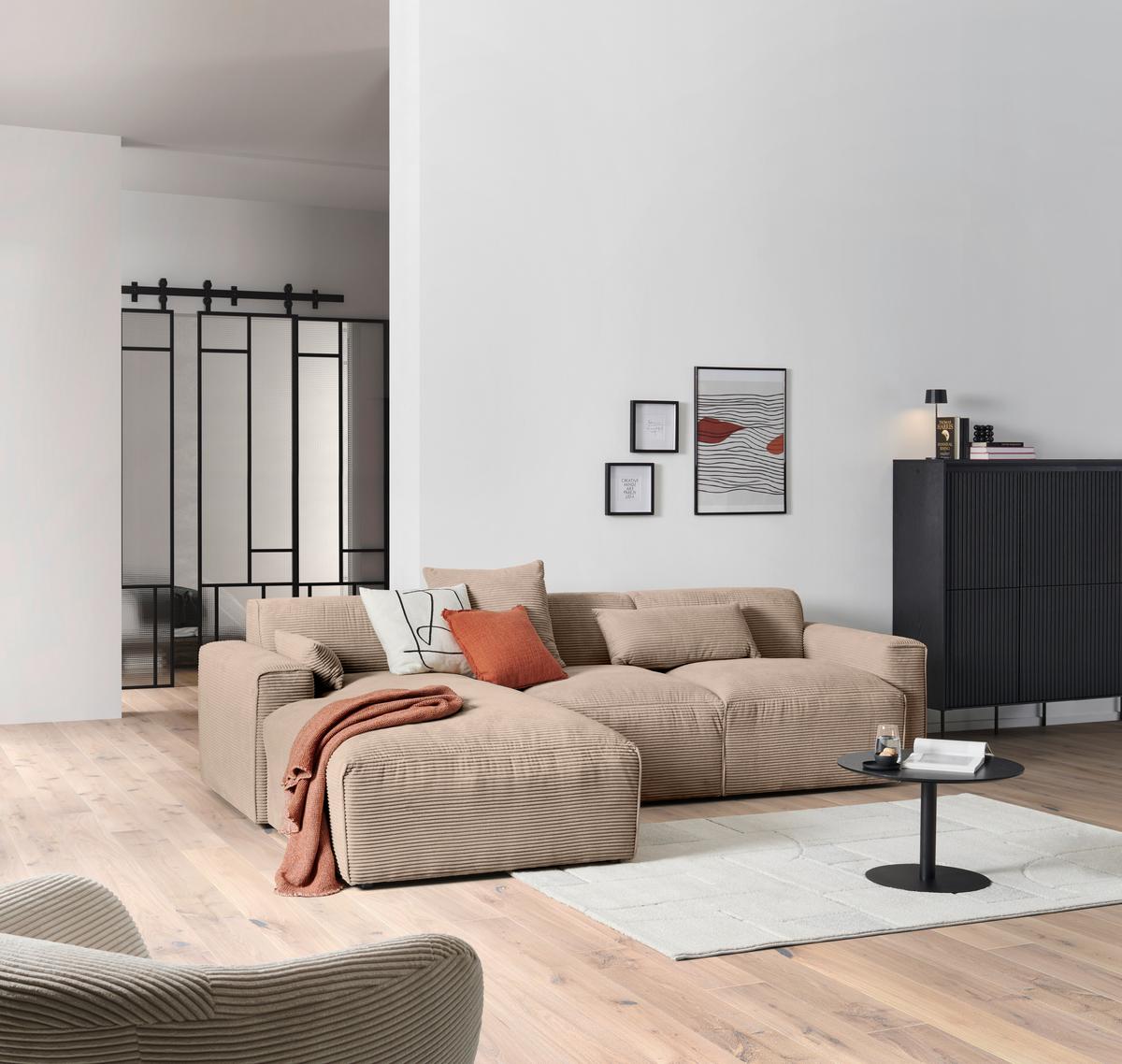 Ecksofa Pearl - Hellbraun/Schwarz, Design, Textil (196/303cm) - Livetastic