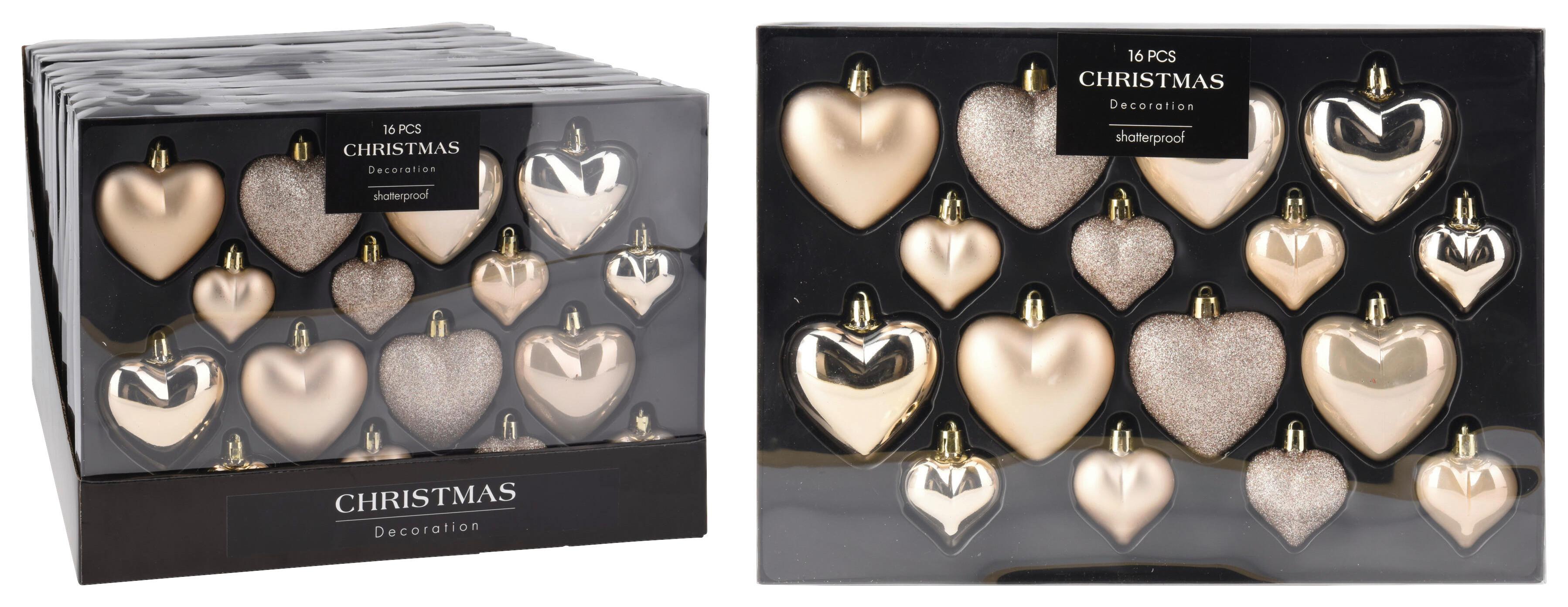 sada vánočních koulí HEART, 16-dílná - krémová, plast (3,5/22,5/31,5cm)