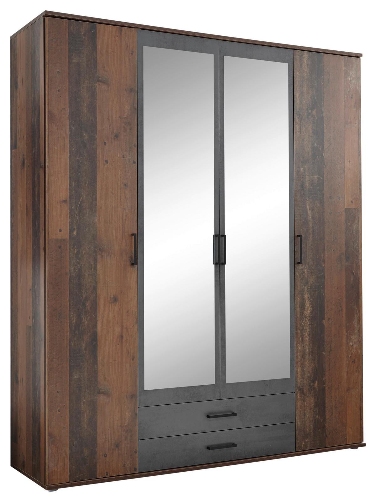 Kleiderschrank aus Holzdekor mit eiche- und akaziefarbenen Oberflächen, vier Türen und Spiegeln