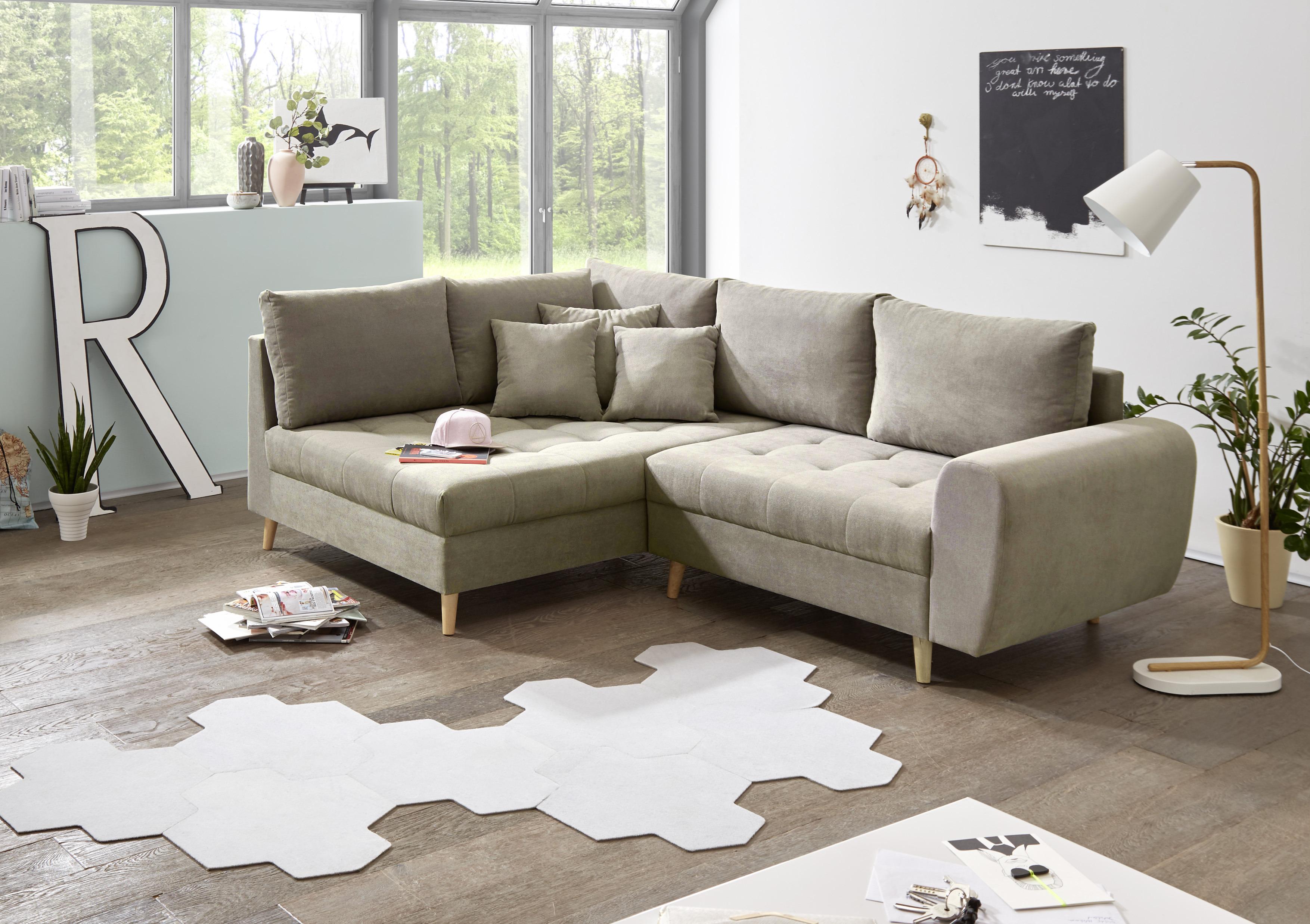 Ecksofa mit Holzfüßen + Kissen Alice, Webstoff - Sandfarben/Kieferfarben, KONVENTIONELL, Holzwerkstoff/Textil (175/249cm) - MID.YOU