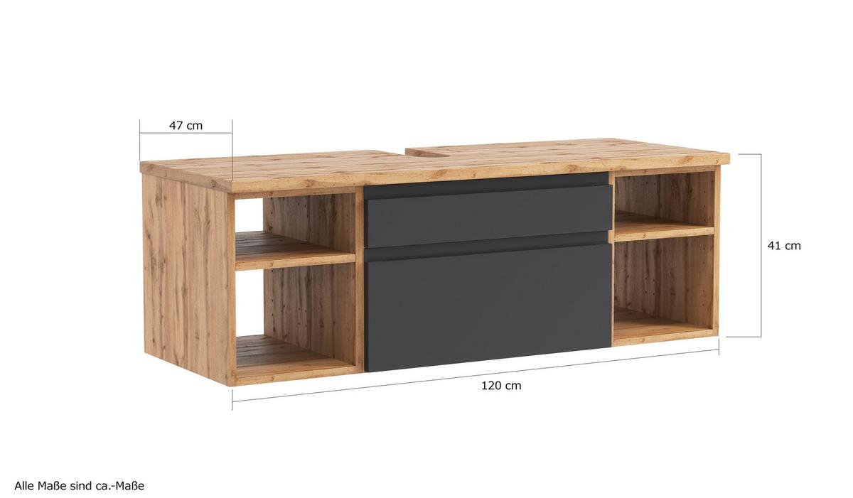Hängender Waschbecken- Unterschrank Arosa B: 120 Cm - Eiche Wotan/Grau, MODERN, Holzwerkstoff (120/41/47cm) - Held