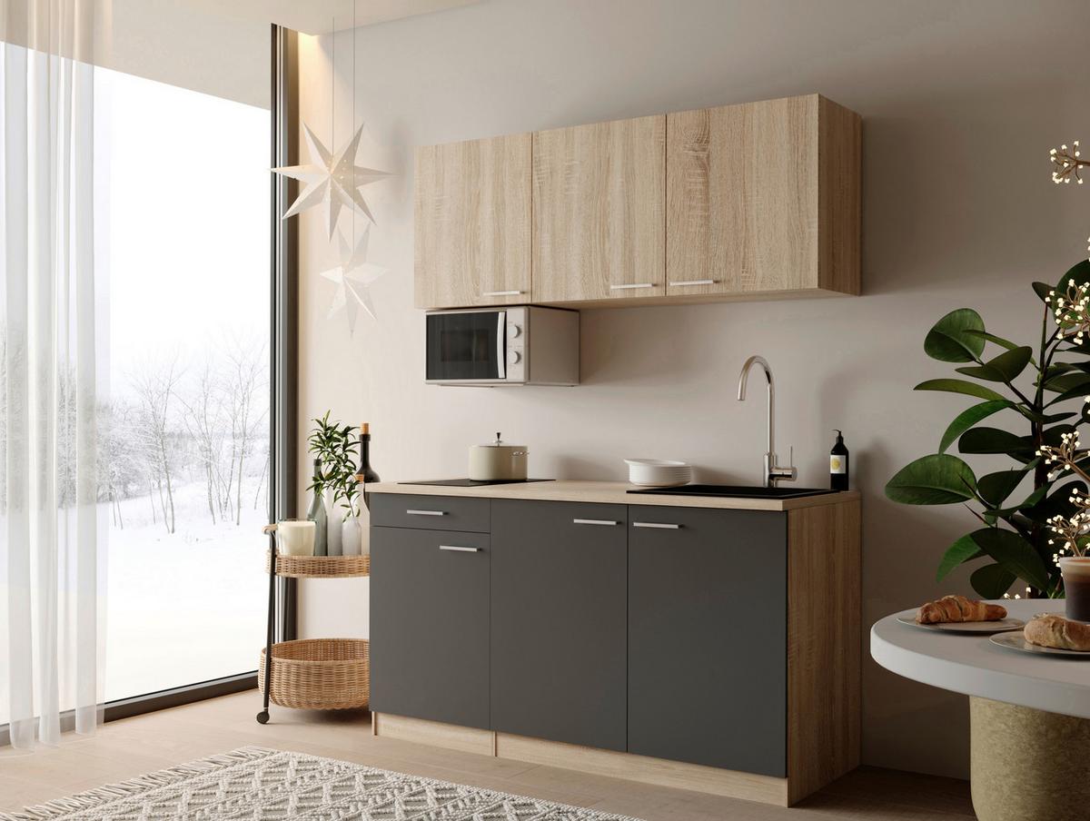 MINIKÜCHE Ingrid, Grau B: 150 cm - Eichefarben/Grau, Design, Holzwerkstoff (150cm) - Respekta