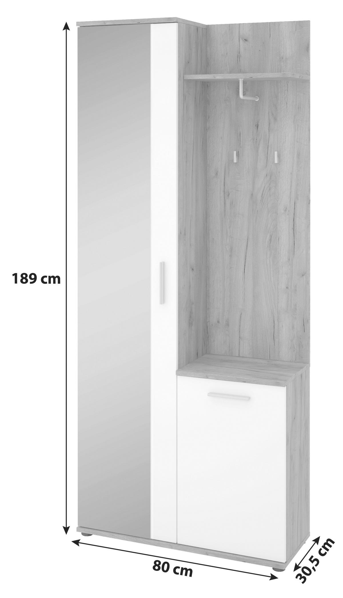 Előszobafal Xara *top Ár* - tölgyfa színű/fehér, Modern, faalapú anyag/Üveg (80/189/30,5cm) - Best Price