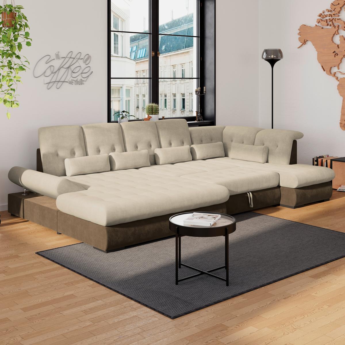 Wohnlandschaft Madera Cremefarben, S: 358x212 cm - Hellbraun/Creme, KONVENTIONELL, Kunststoff/Textil (190/358/212cm)