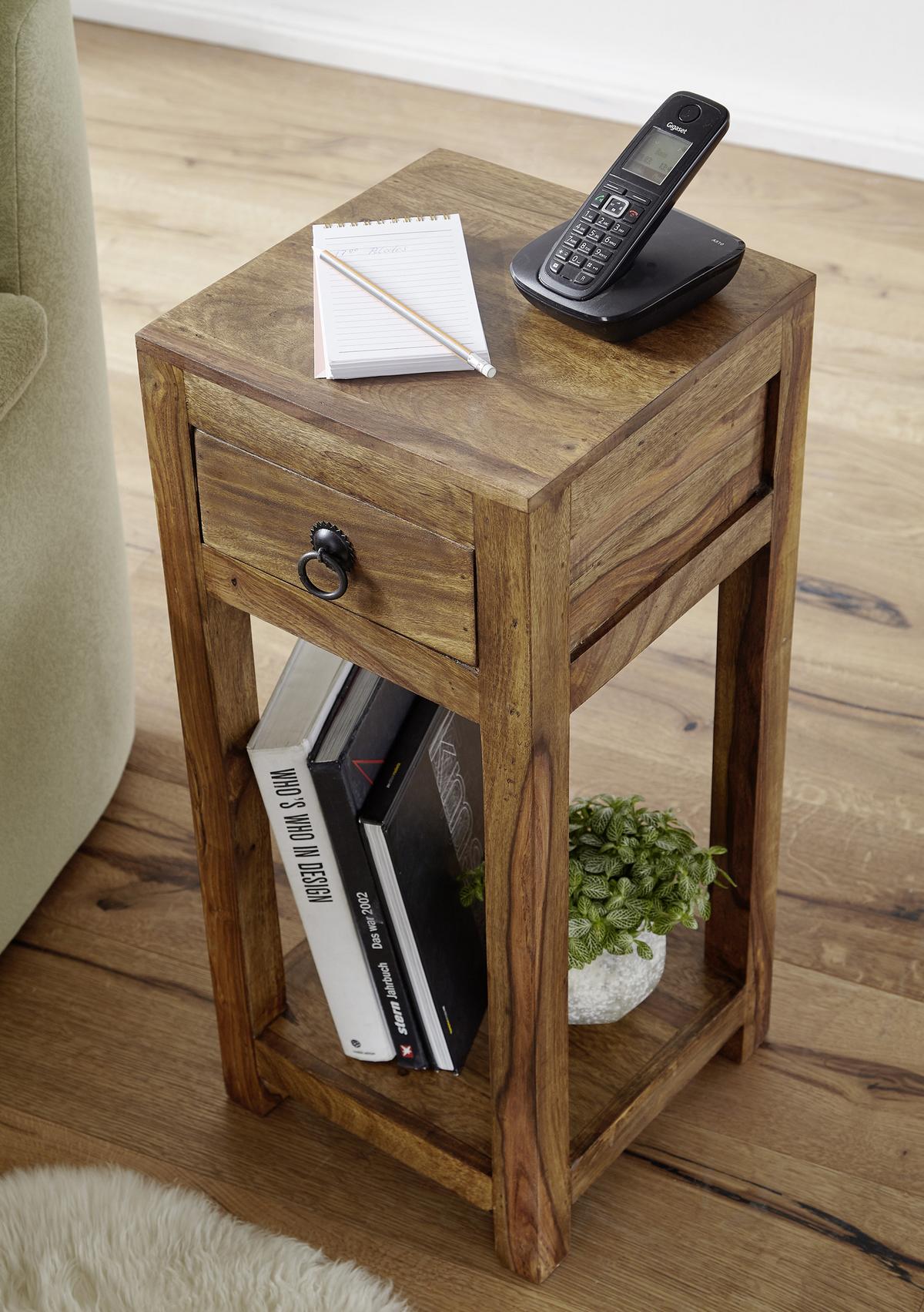 Beistelltisch mit Schublade Mumbai Sheesham Echtholz - Sheeshamfarben, Design, Holz (30/30/68cm) - MID.YOU