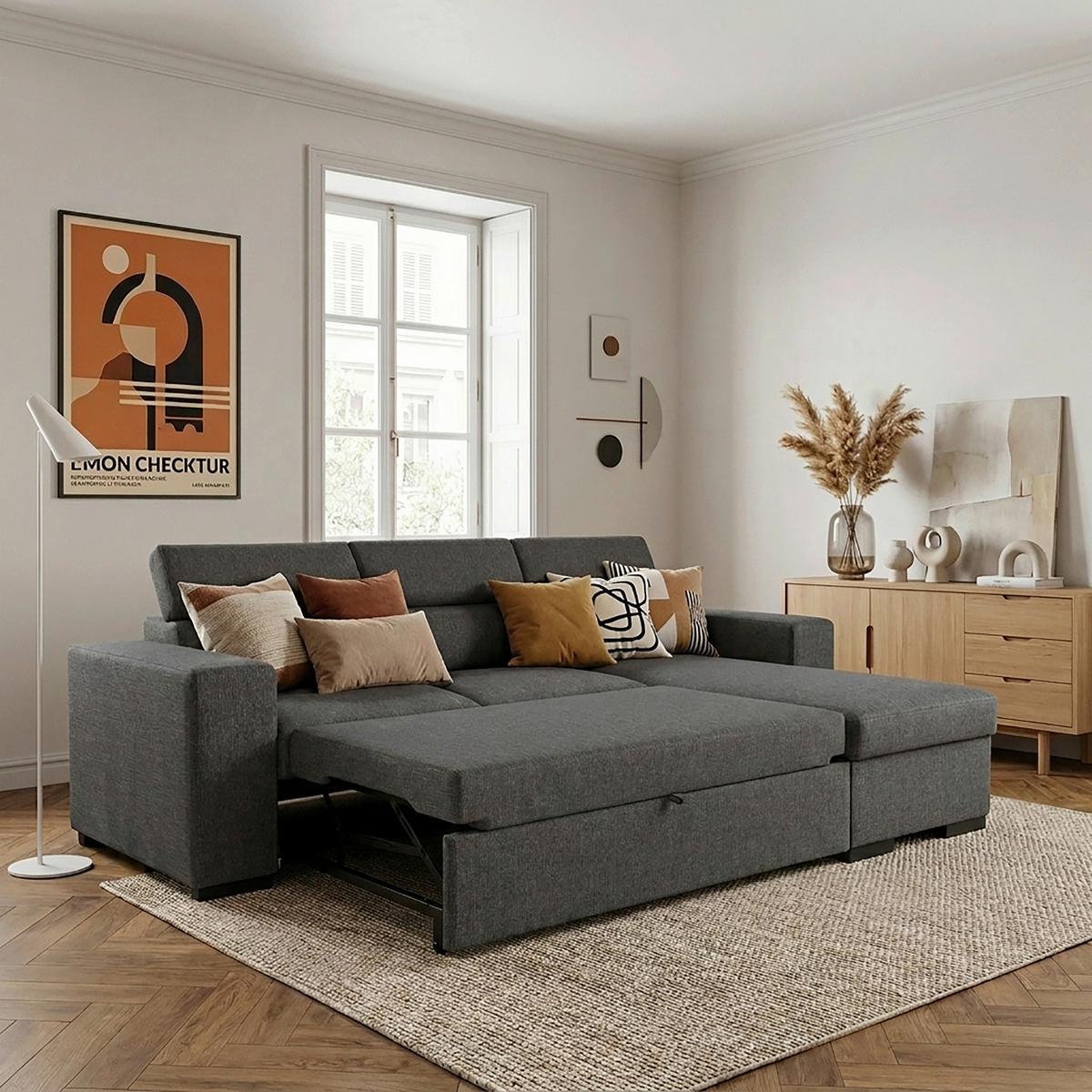 Eckschlafsofa mit Bettkasten Vicomte, anthrazit, 237x167cm - Anthrazit/Schwarz, KONVENTIONELL, Holz/Holzwerkstoff (237/167cm)