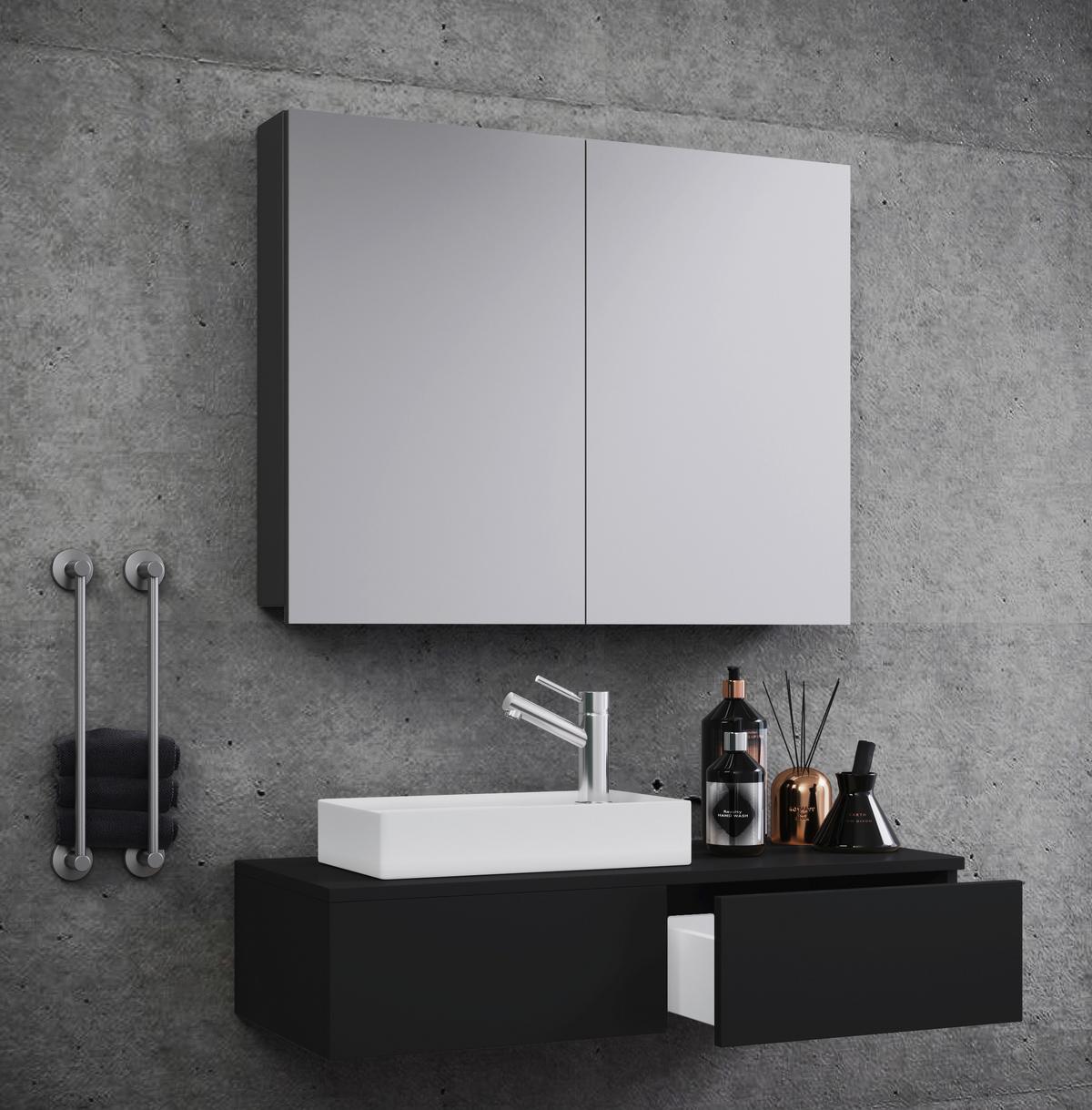 Badmöbel-Set 3-Tlg. Gudas B: 85 cm Schwarz Dekor - Schwarz/Weiß, MODERN, Keramik/Holzwerkstoff (85cm) - MID.YOU