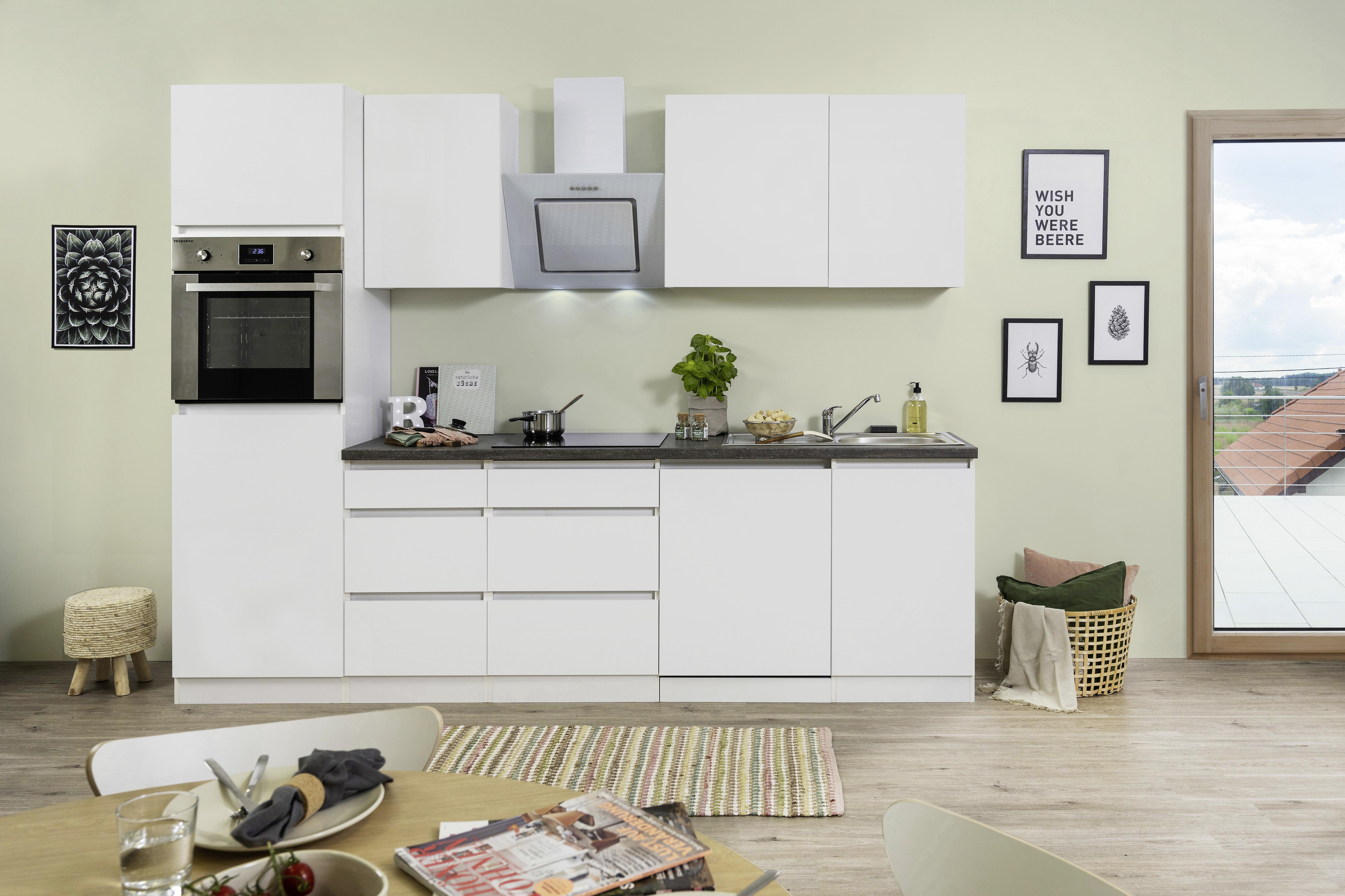 Küchenzeile Premium mit Geräten 280 cm Weiß Elegant - Weiß/Braun, MODERN, Holzwerkstoff (280cm) - Respekta