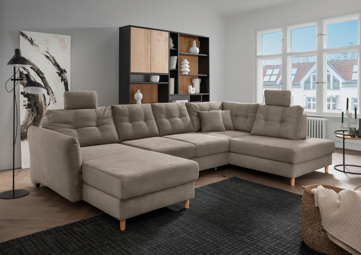 Wohnlandschaft Brizzini mit Schlaffunktion, Graubraun - Graubraun/Naturfarben, MODERN, Textil (176/338-352/206cm) - Livetastic