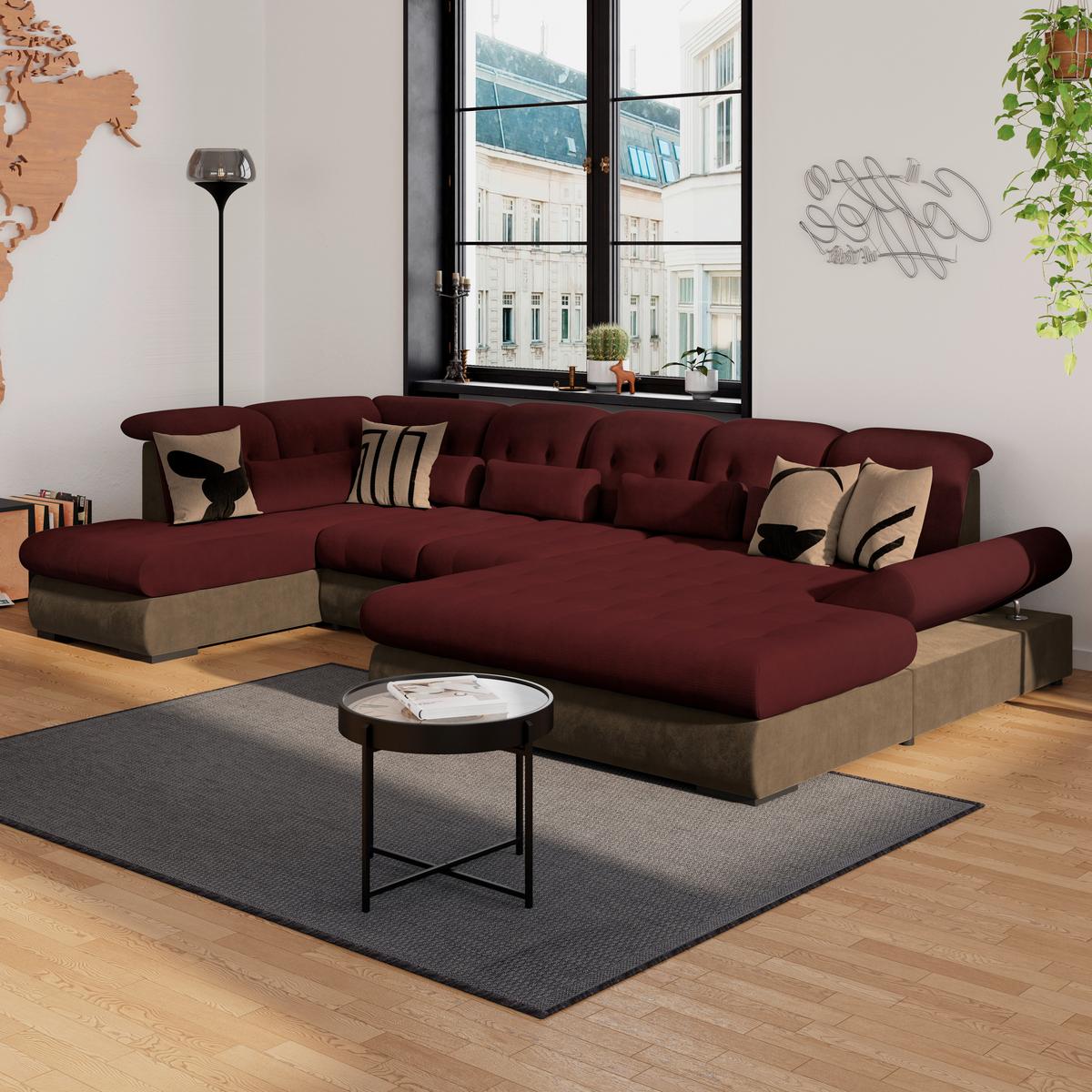 Wohnlandschaft Madera Rubinrot U: 212x358x190 cm - Hellbraun/Rot, KONVENTIONELL, Kunststoff/Textil (212/358/190cm)