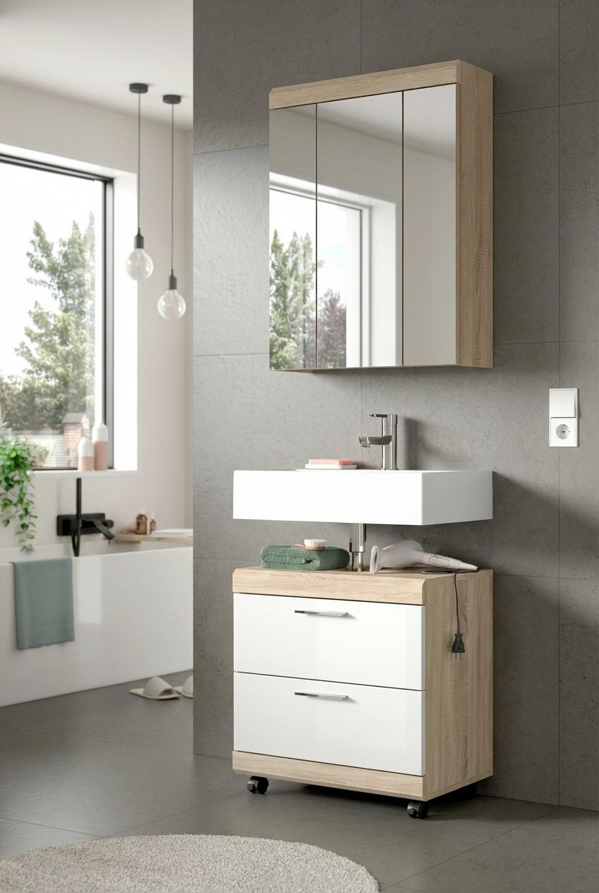 BADEZIMMER Eiche Dekor/Weiß B: 60cm - Weiß Hochglanz/Schwarz, Trend, Glas/Holzwerkstoff (60cm) - MID.YOU