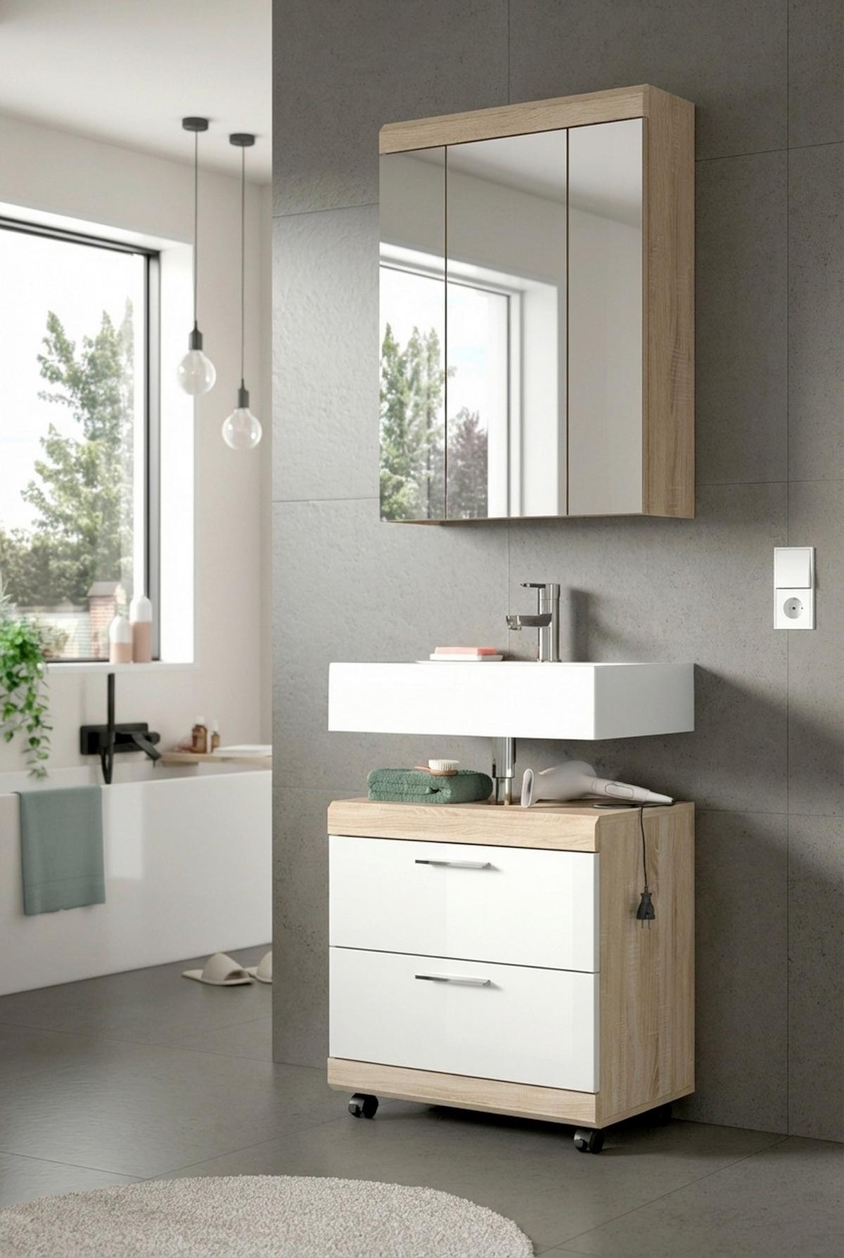 WASCHBECKENUNTERSCHRANK Eiche Dekor/Weiß B: 60cm - Weiß Hochglanz/Schwarz, Trend, Holzwerkstoff (60/60/34cm) - MID.YOU