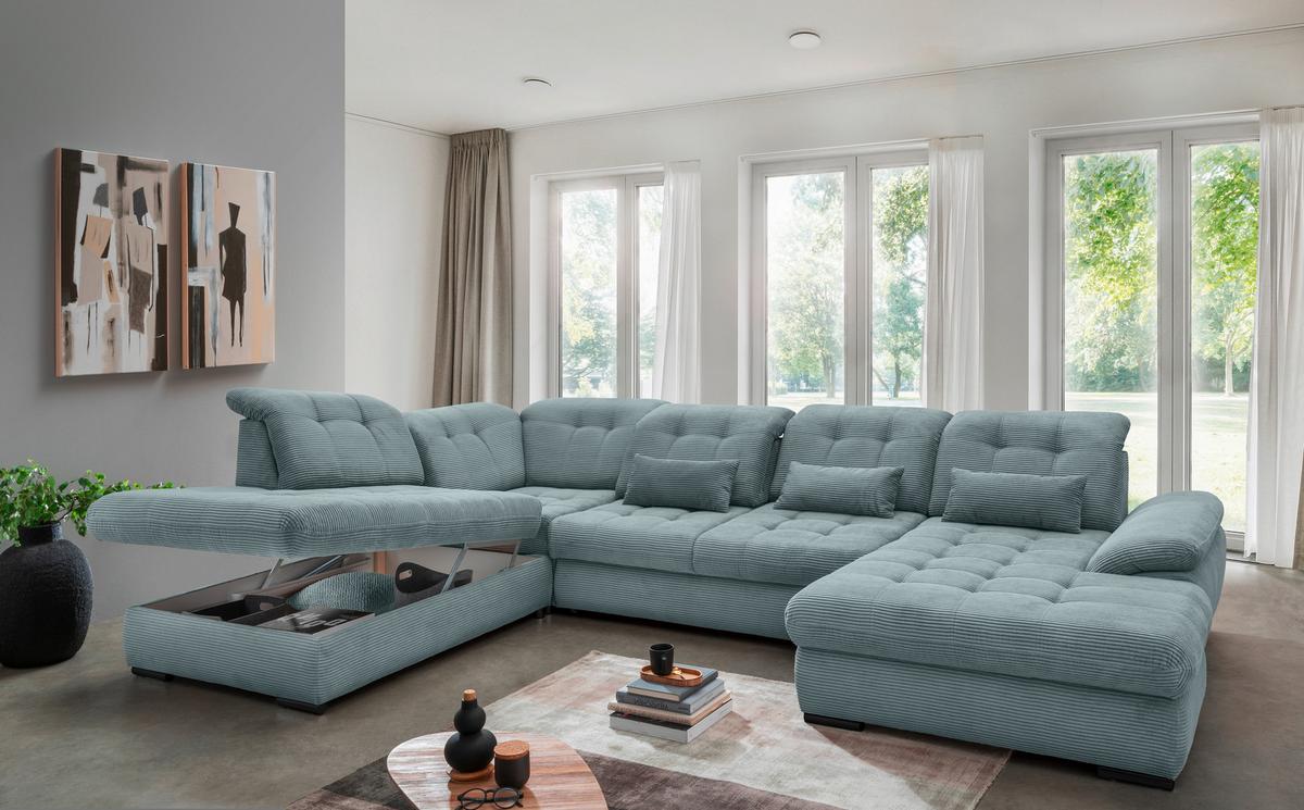 Wohnlandschaft Mit Bettkasten Rigatti Hellblau B: 387 Cm - Schwarz/Hellblau, MODERN, Textil (252/387/184cm) - Livetastic
