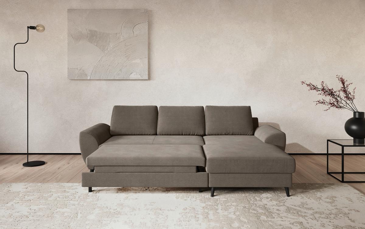 Ecksofa mit Bettfunktion Terra Cord taupe, B: 255cm - Taupe/Schwarz, Trend, Textil (255/154cm) - MID.YOU