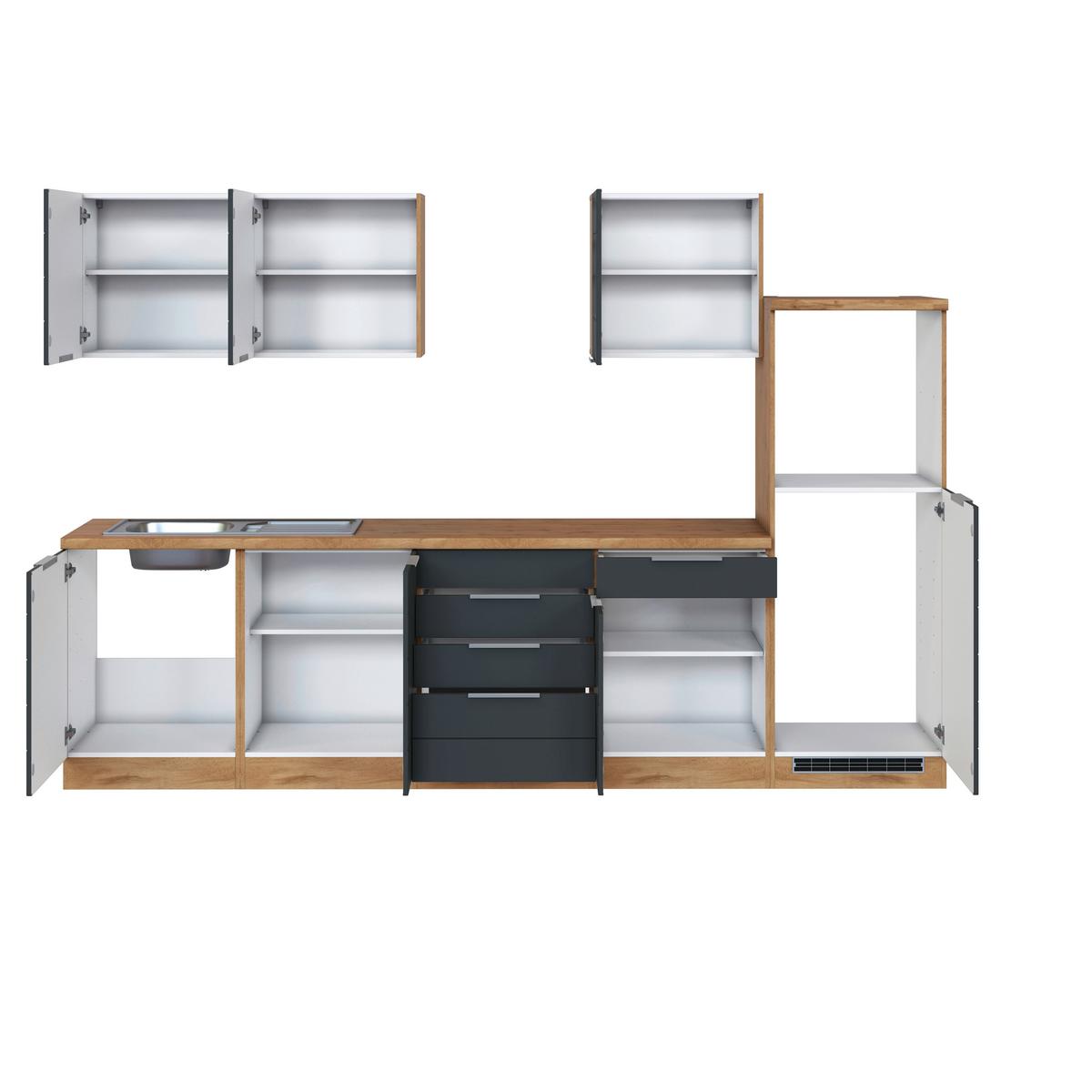 Küchenzeile Florenz ohne Geräte 300 cm Grau/Eichef. - Eiche Wotan/Grau, Design, Holzwerkstoff (300cm) - Held