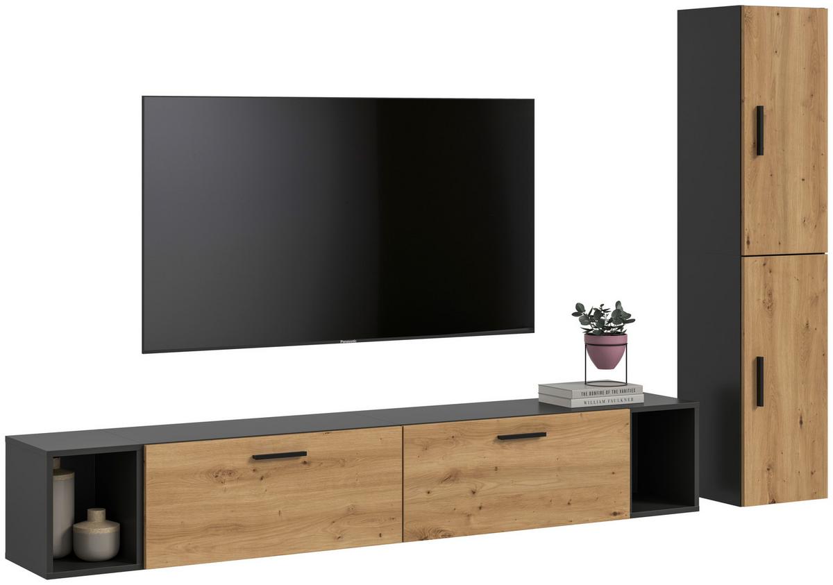 Wohnwand, The One 1, B: 259 cm Artisan Eiche Dekor/Grau - Schwarz/Eiche Artisan, Trend, Holzwerkstoff (259/182/34cm)