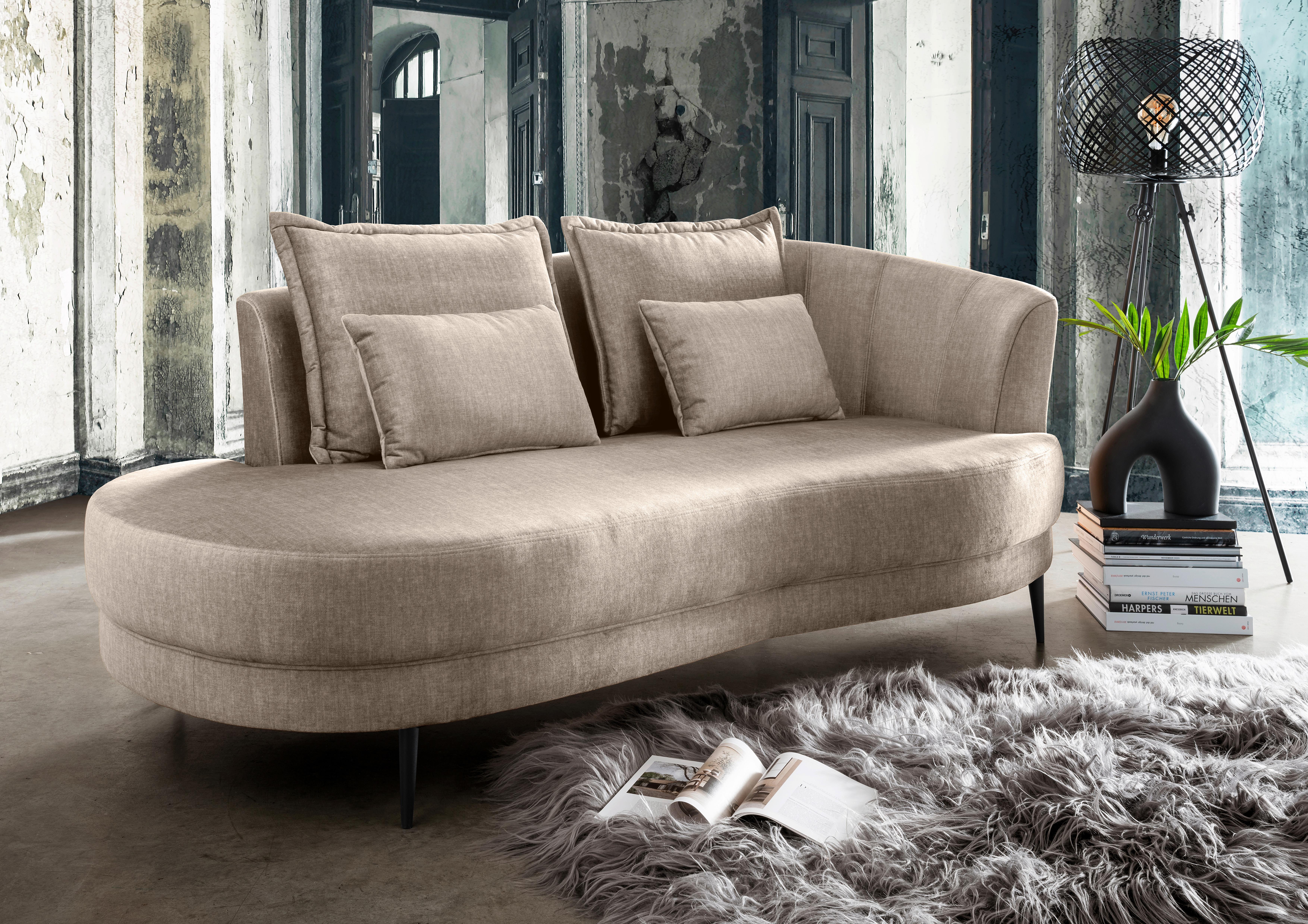 Ottomane Pistaccio Beige Velours, Rücken Echt B: 211 cm - Beige/Schwarz, MODERN, Textil (211/85/102cm) - Livetastic