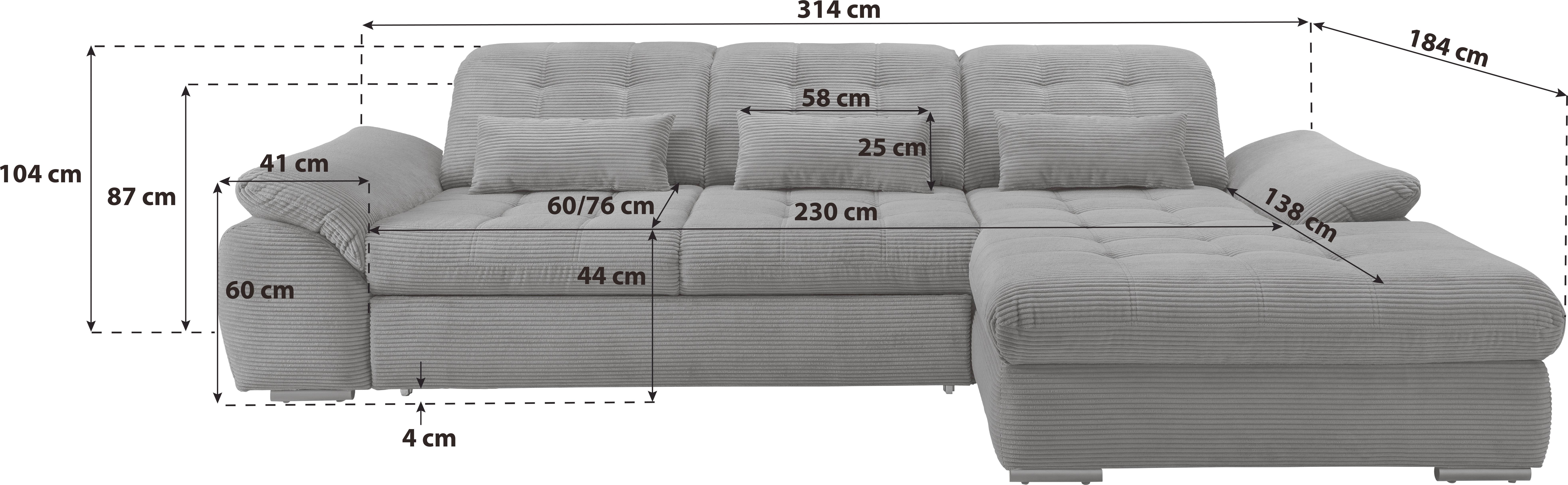 Ecksofa mit Bettkasten Rigatti Grau S: 314x184 cm - Schwarz/Grau, MODERN, Textil (314/184cm) - Livetastic