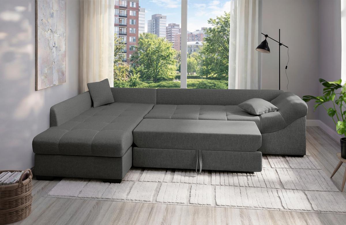 Eckschlafsofa Alvito Graubraun S: 202x298 Cm - Graubraun/Schwarz, MODERN, Textil (202/298cm) - MID.YOU